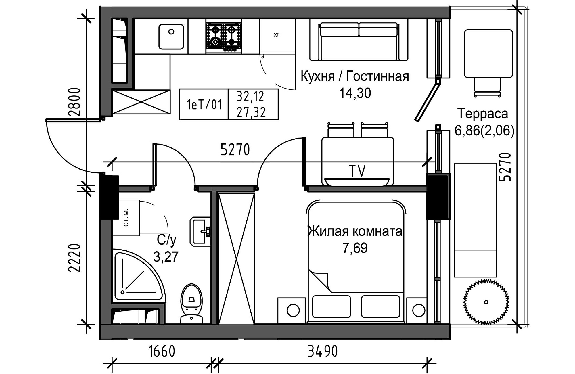 Планування 1-к квартира площею 27.32м2, UM-003-03/0004.