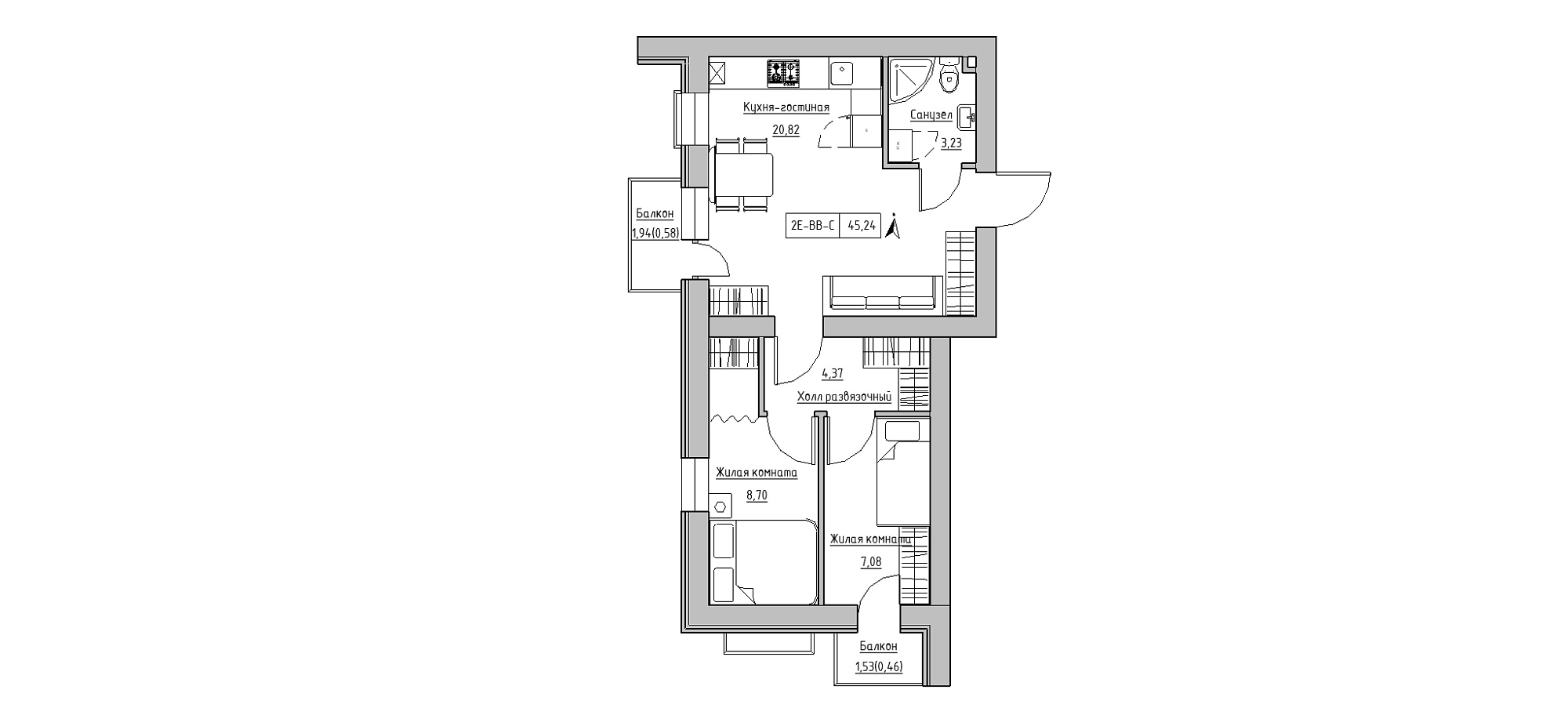 Planning 2-rm flats area 45.24m2, KS-020-05/0011.