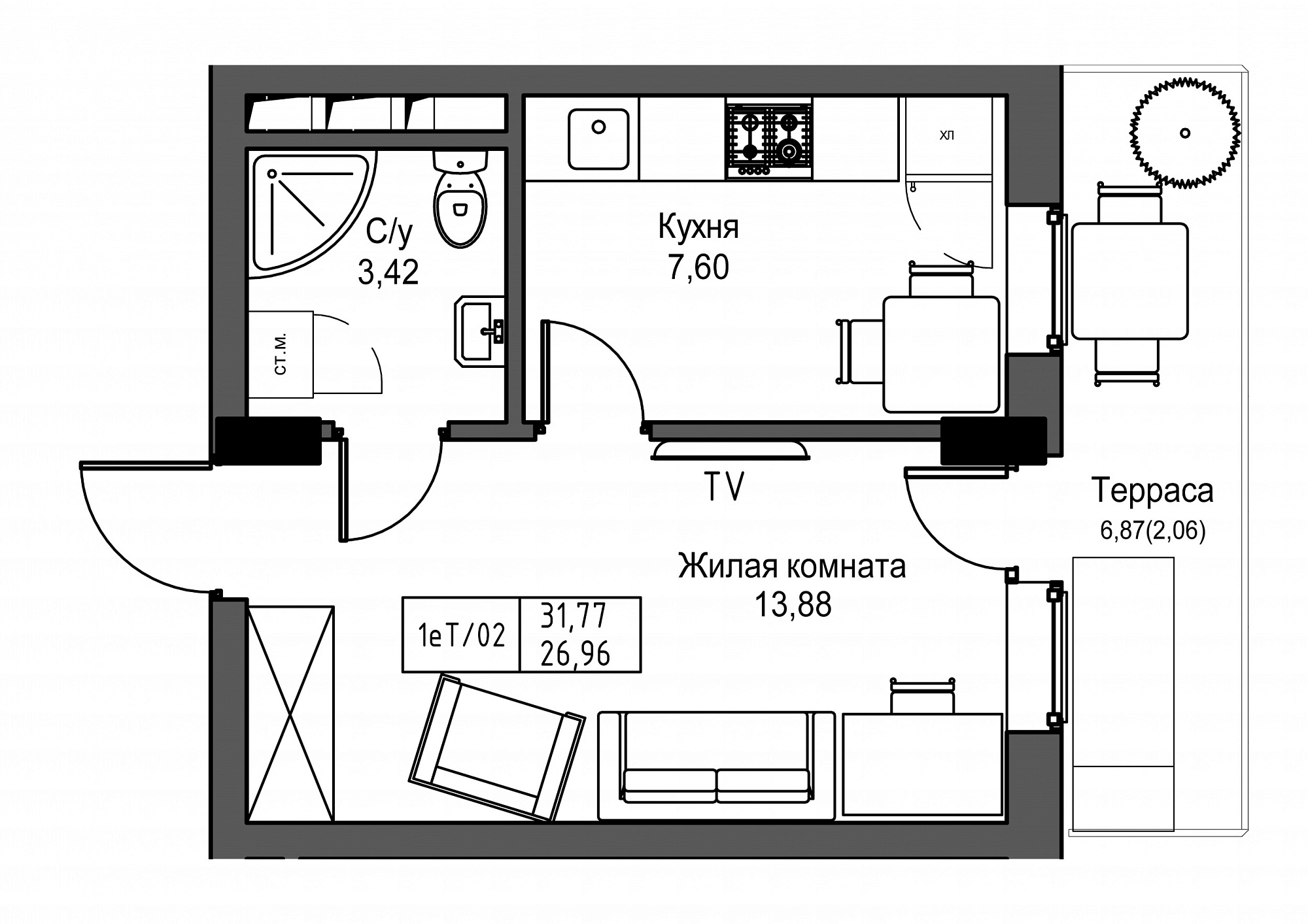 Планування 1-к квартира площею 26.96м2, UM-003-02/0003.