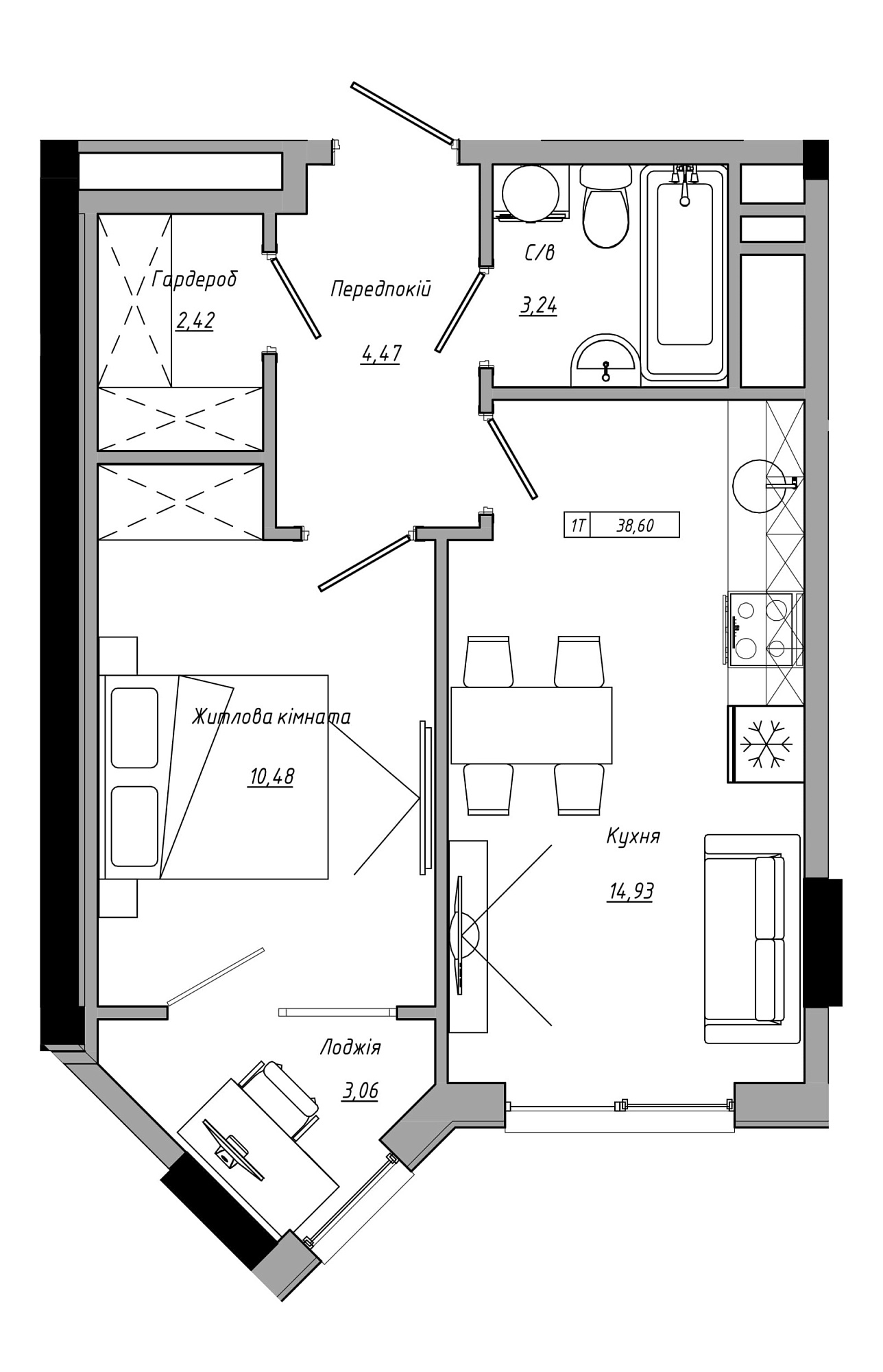 Планировка 1-к квартира площей 38.6м2, AB-21-07/00022.