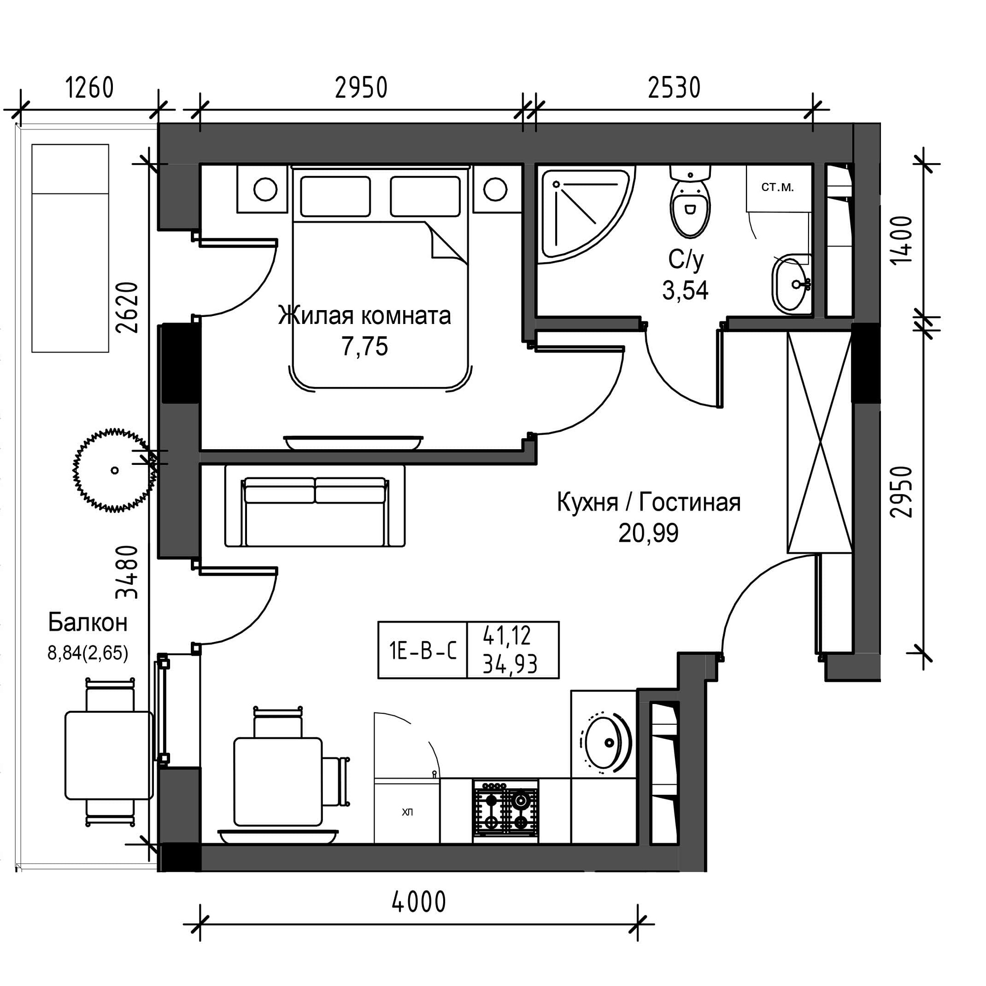 Планування 1-к квартира площею 34.93м2, UM-001-06/0020.