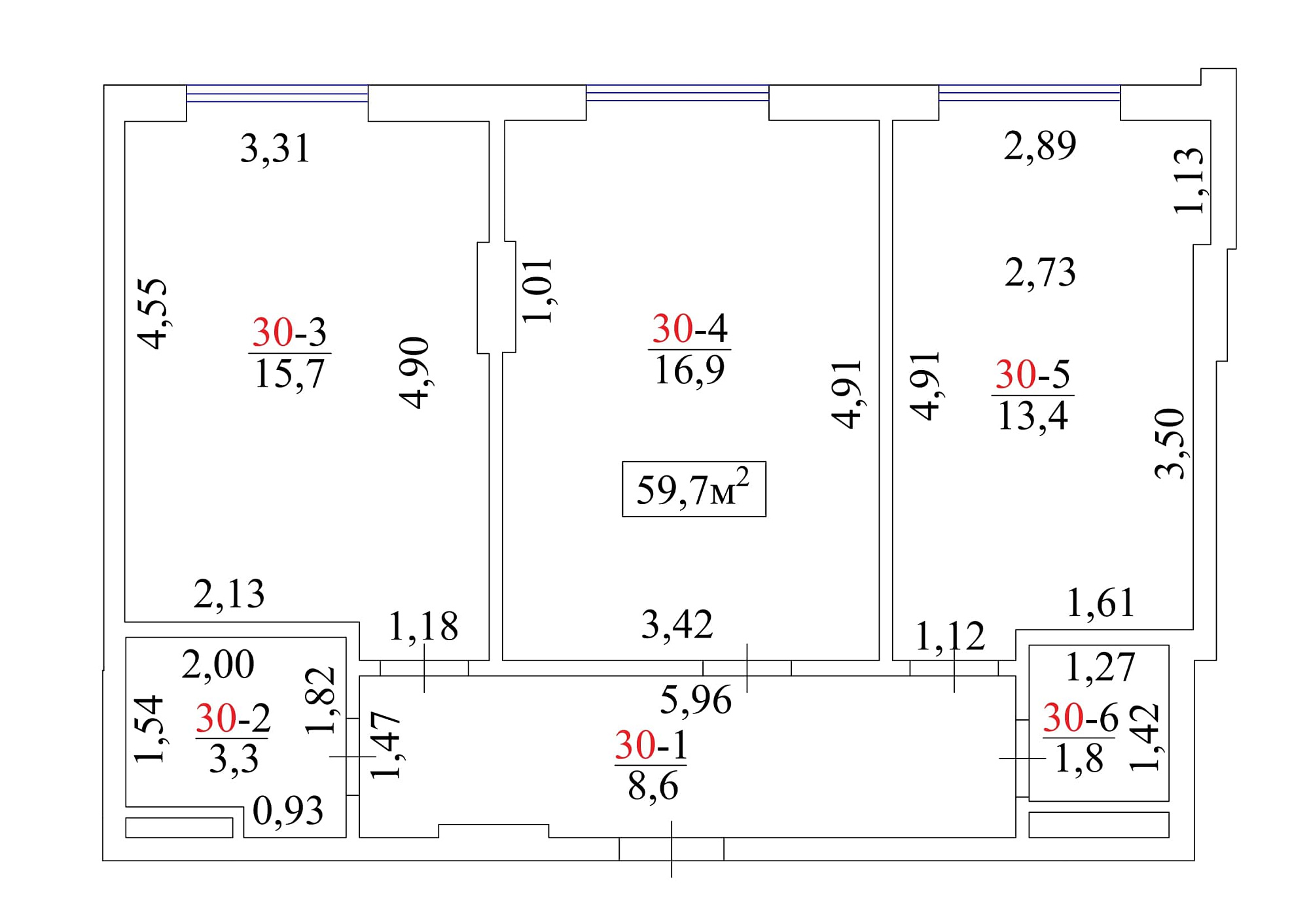 Планировка 2-к квартира площей 59.7м2, AB-01-04/00030.