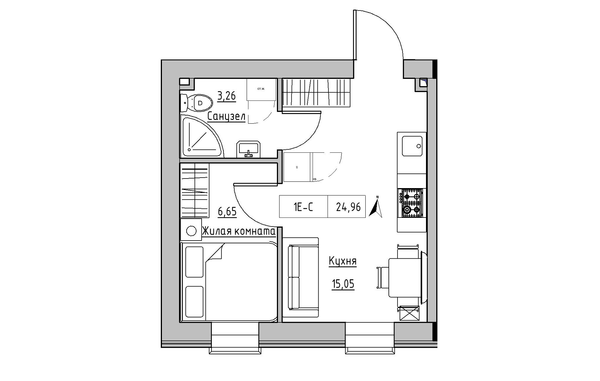Планування 1-к квартира площею 24.96м2, KS-019-03/0012.