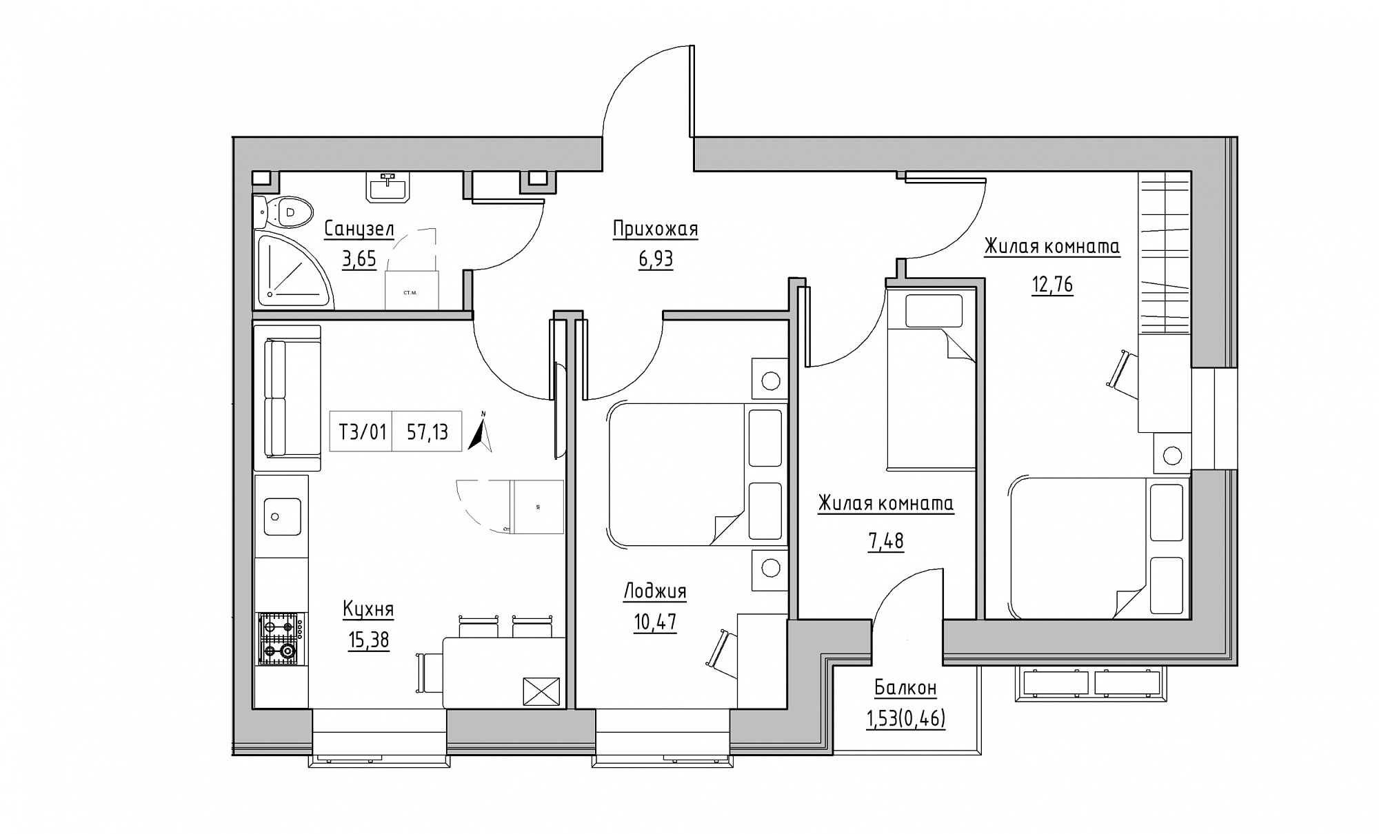 Планировка 3-к квартира площей 57.13м2, KS-015-03/0008.