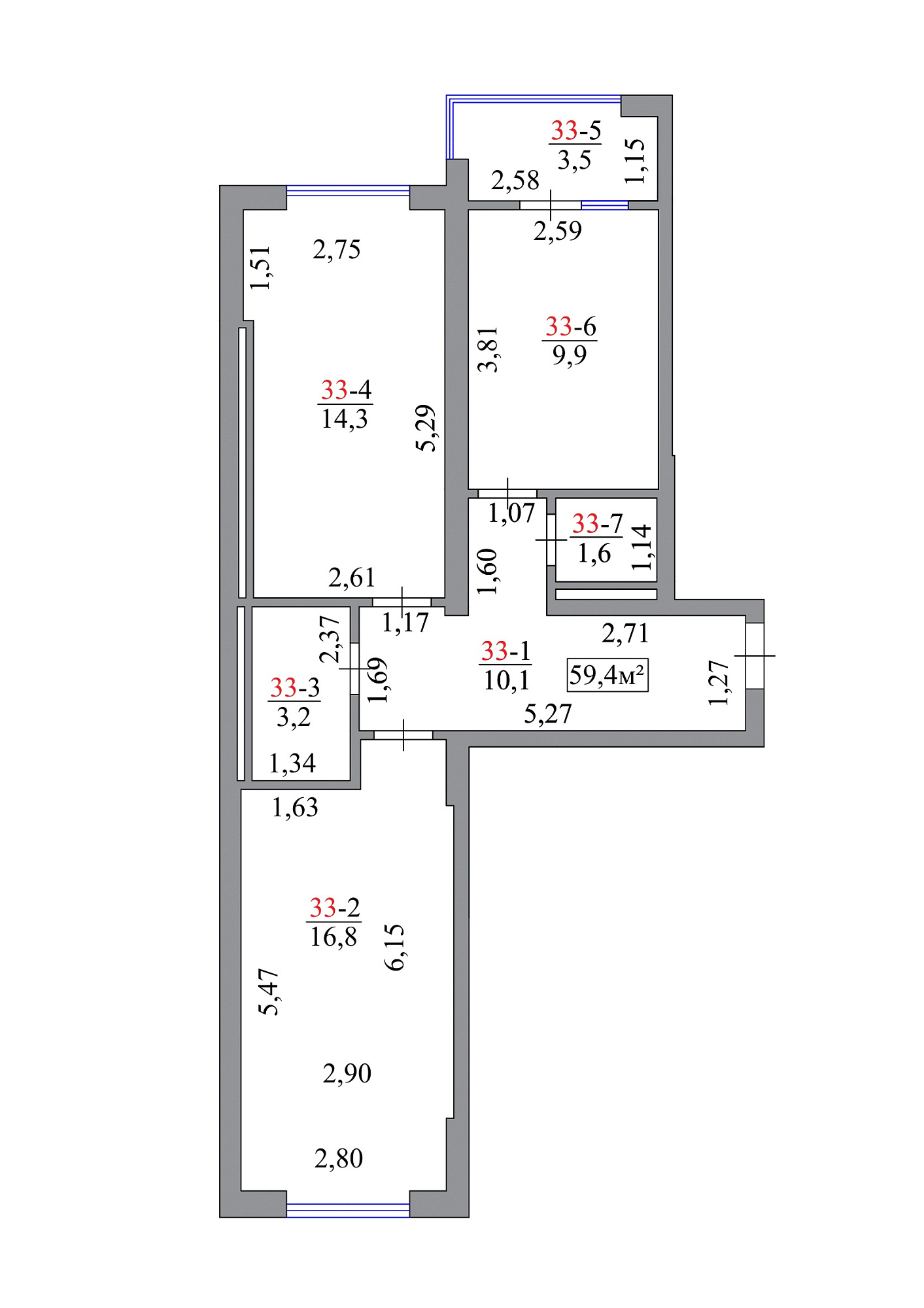 Планировка 2-к квартира площей 59.4м2, AB-07-04/00030.