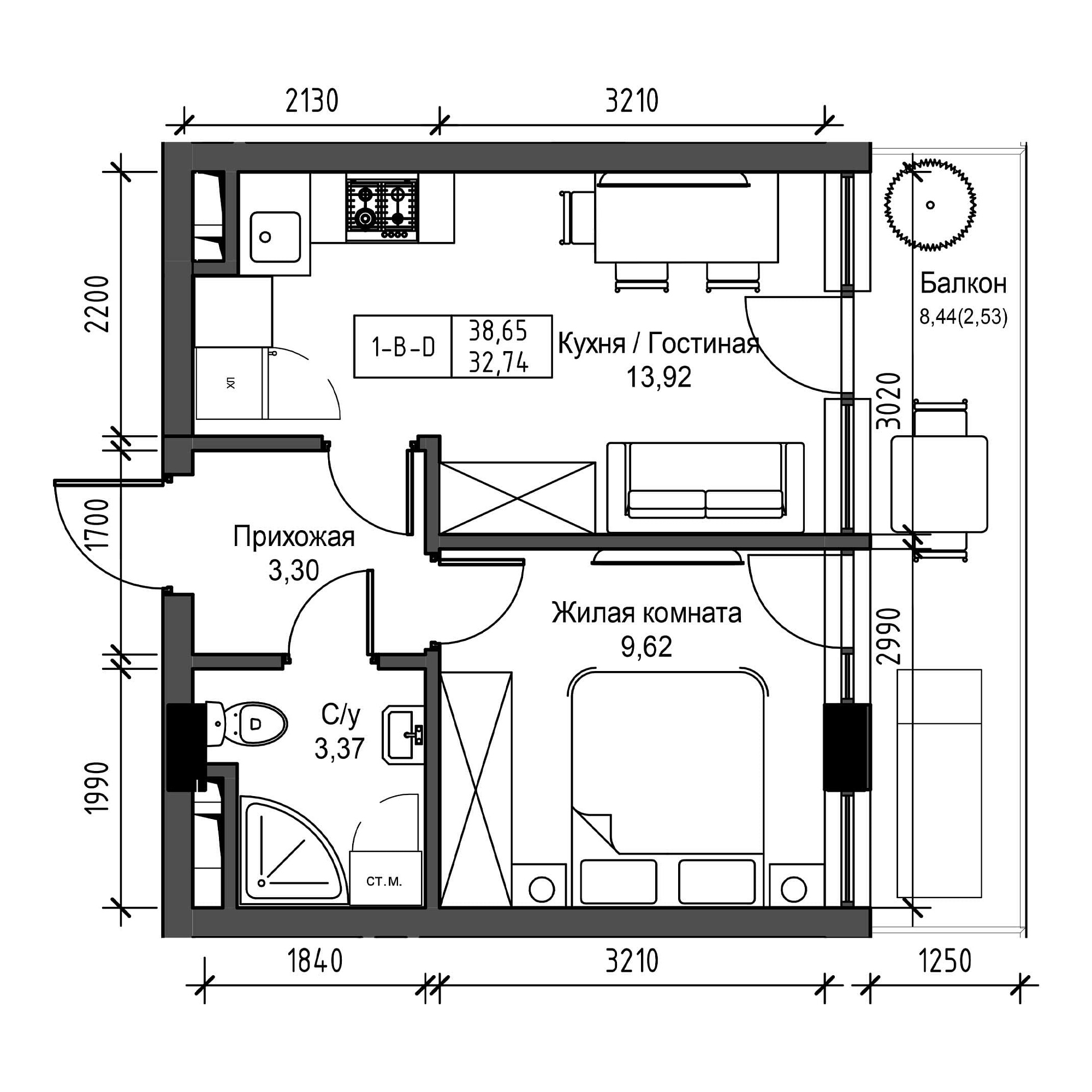 Planning 1-rm flats area 32.74m2, UM-001-04/0022.