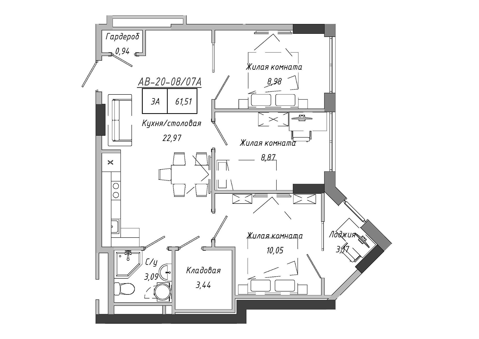 Планування 3-к квартира площею 62.67м2, AB-20-08/0007а.