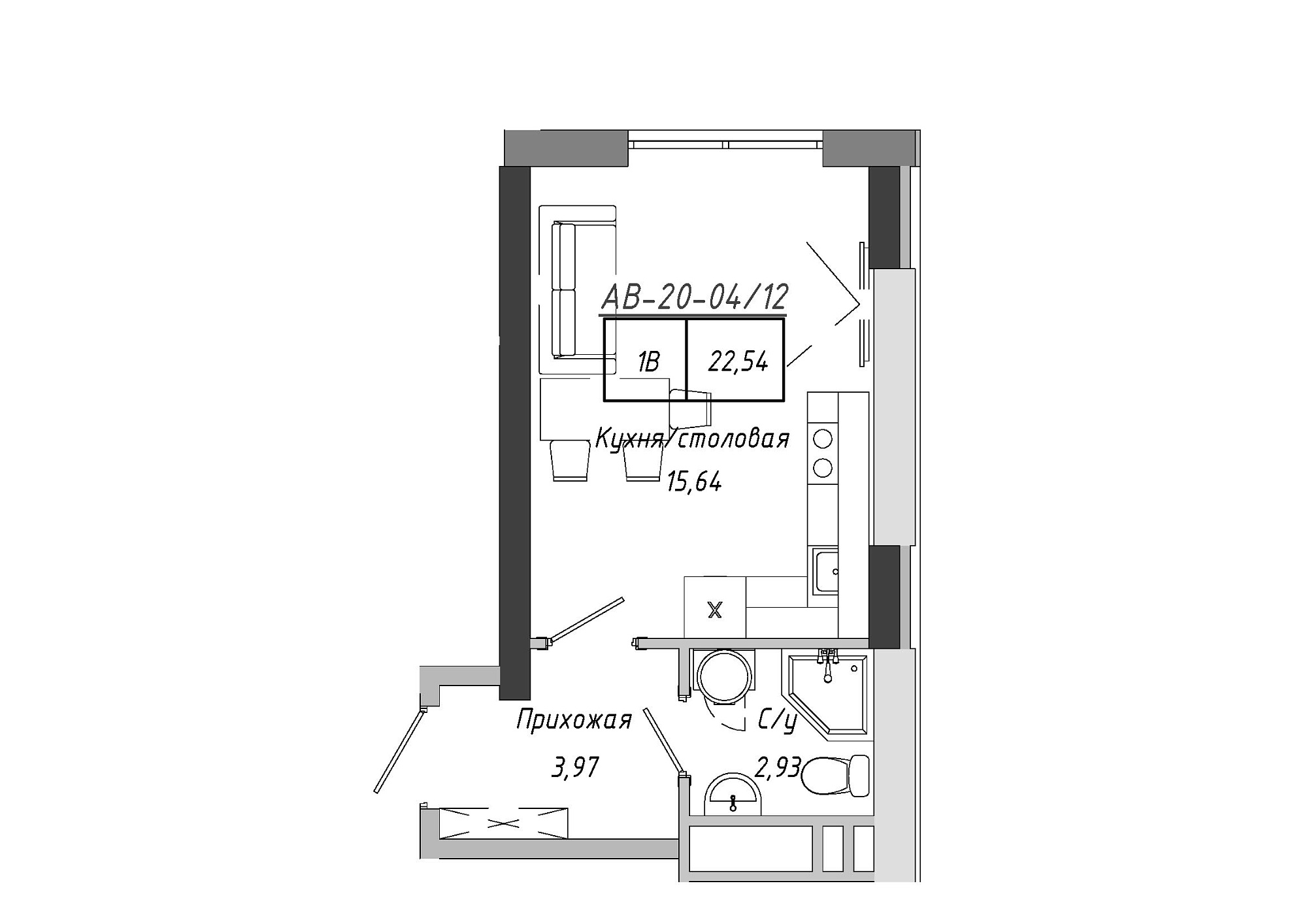 Планування Smart-квартира площею 22.54м2, AB-20-04/00012.