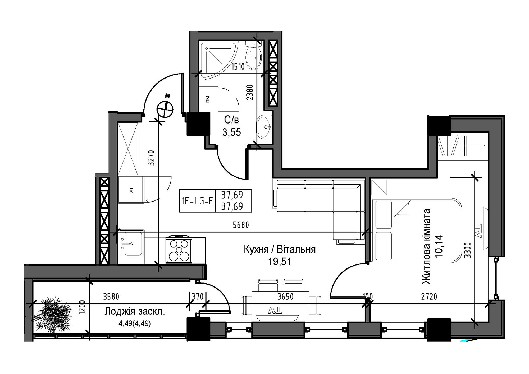 Планування 1-к квартира площею 37.69м2, UM-007-03/0009.