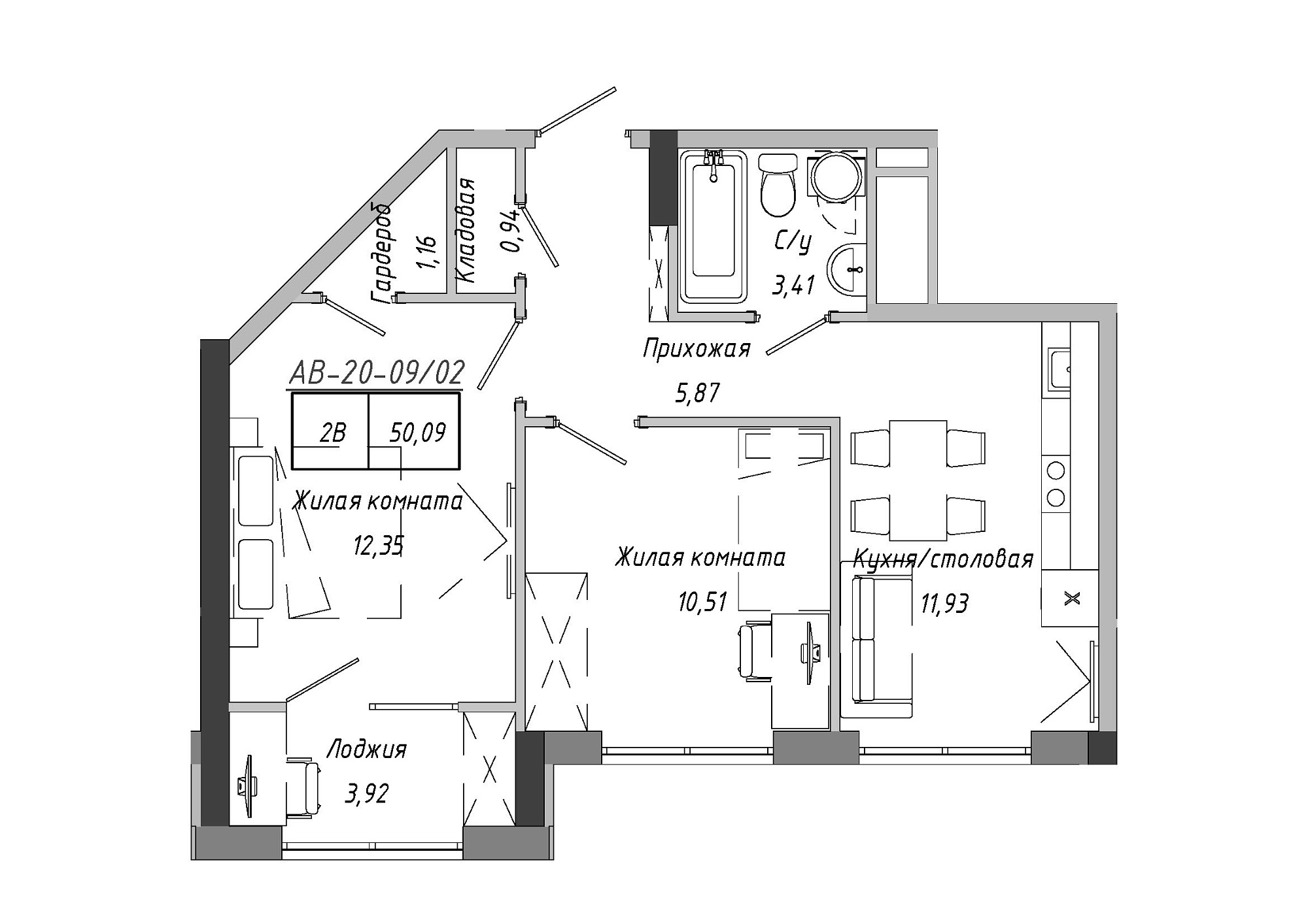 Планування 2-к квартира площею 50.33м2, AB-20-09/00002.