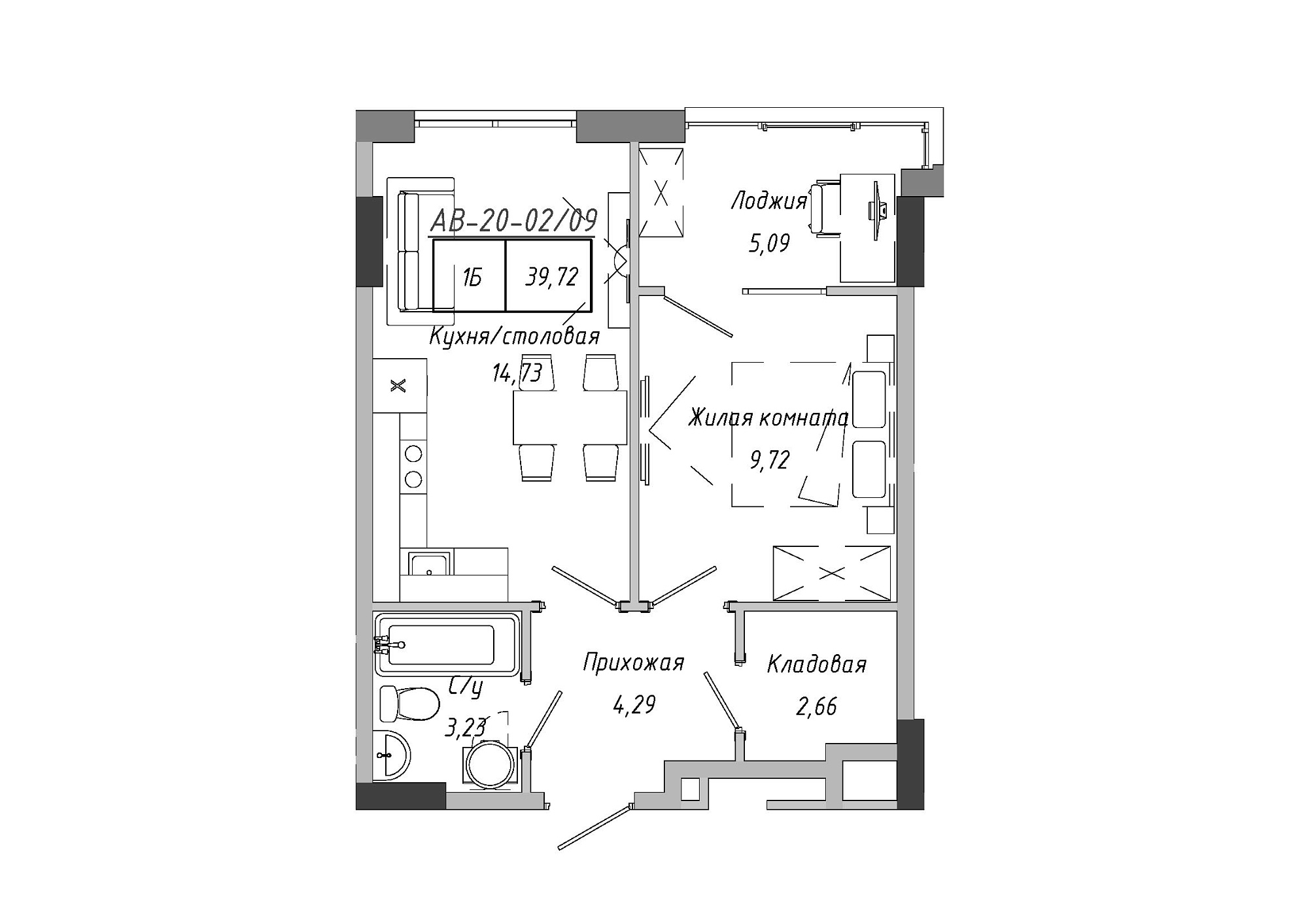Планировка 1-к квартира площей 37.59м2, AB-20-02/00009.