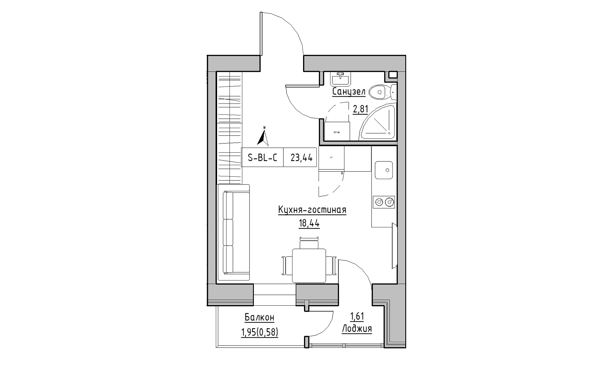 Планування Smart-квартира площею 23.44м2, KS-023-04/0013.