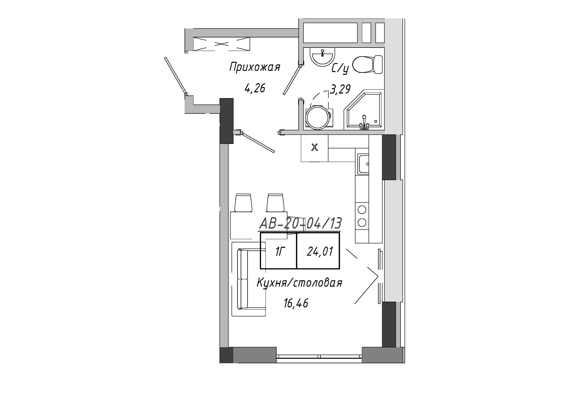 Планування Smart-квартира площею 24.01м2, AB-20-04/00013.