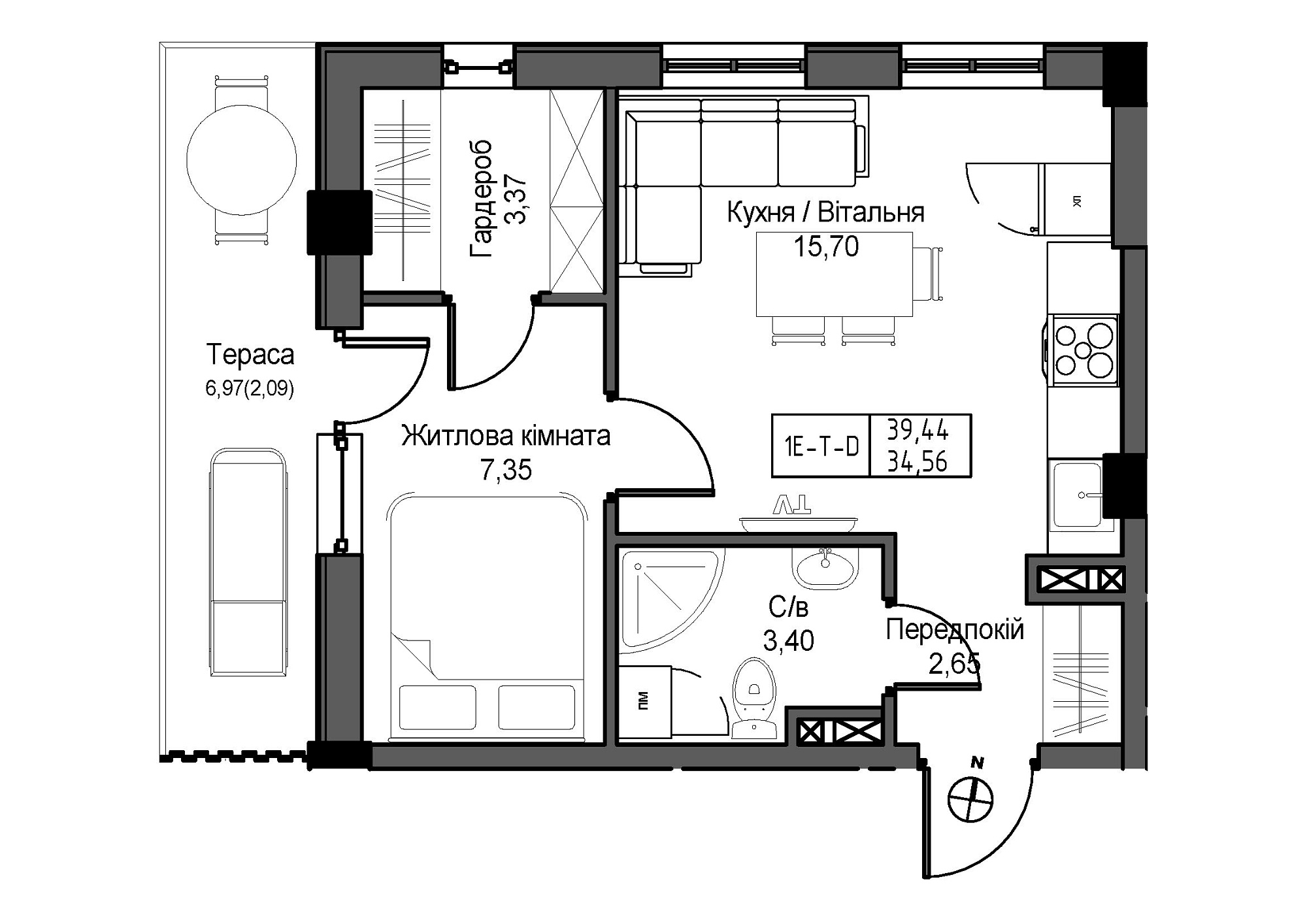 Планування 1-к квартира площею 34.56м2, UM-007-05/0002.