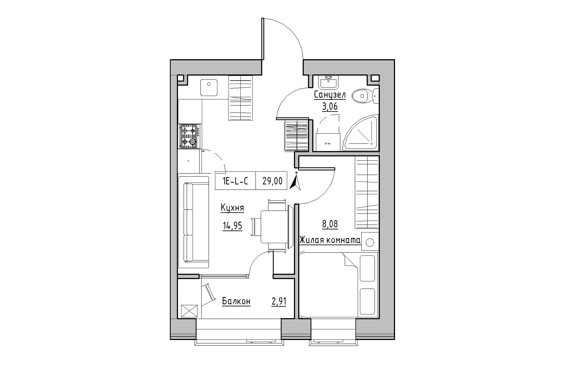 Планировка 1-к квартира площей 29м2, KS-019-01/0009.