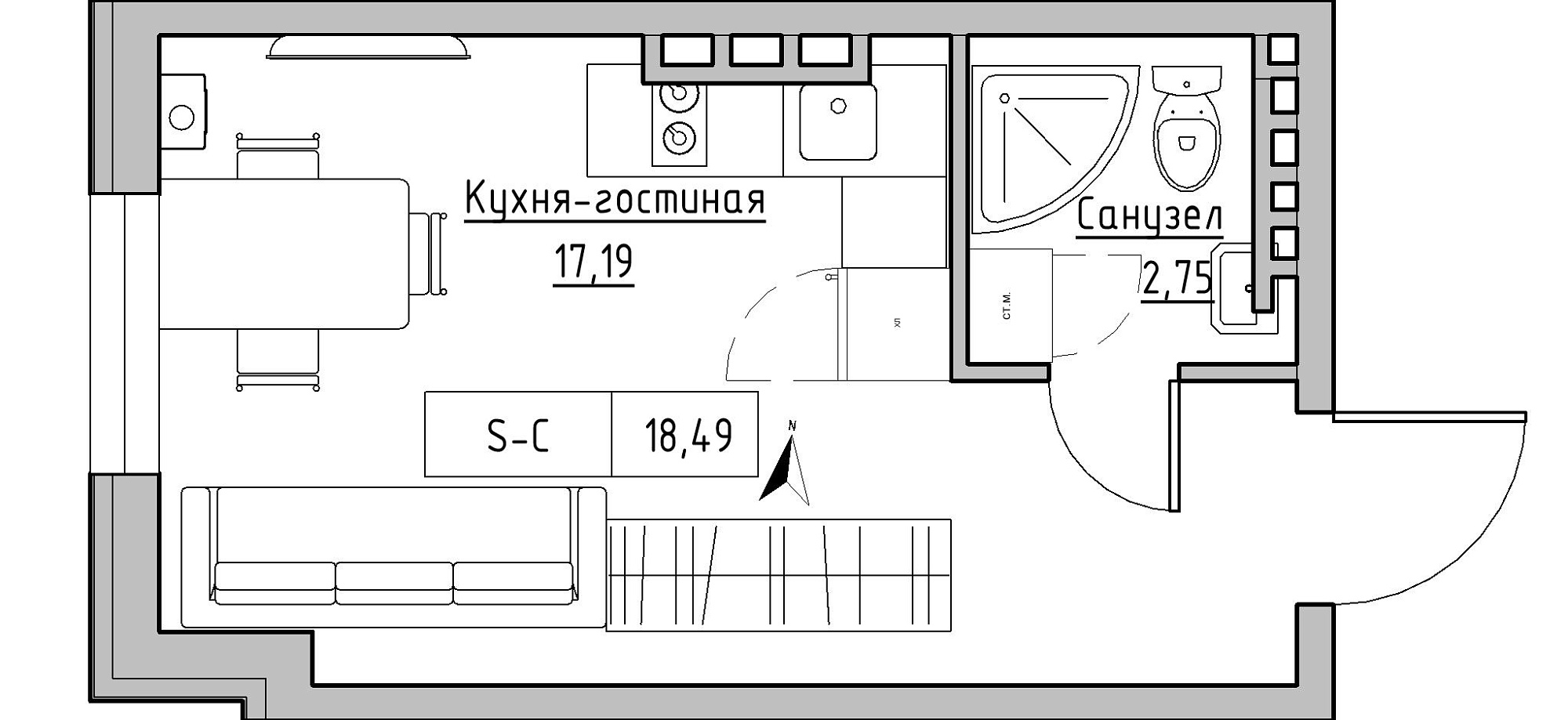 Планування Smart-квартира площею 18.49м2, KS-024-05/0014.