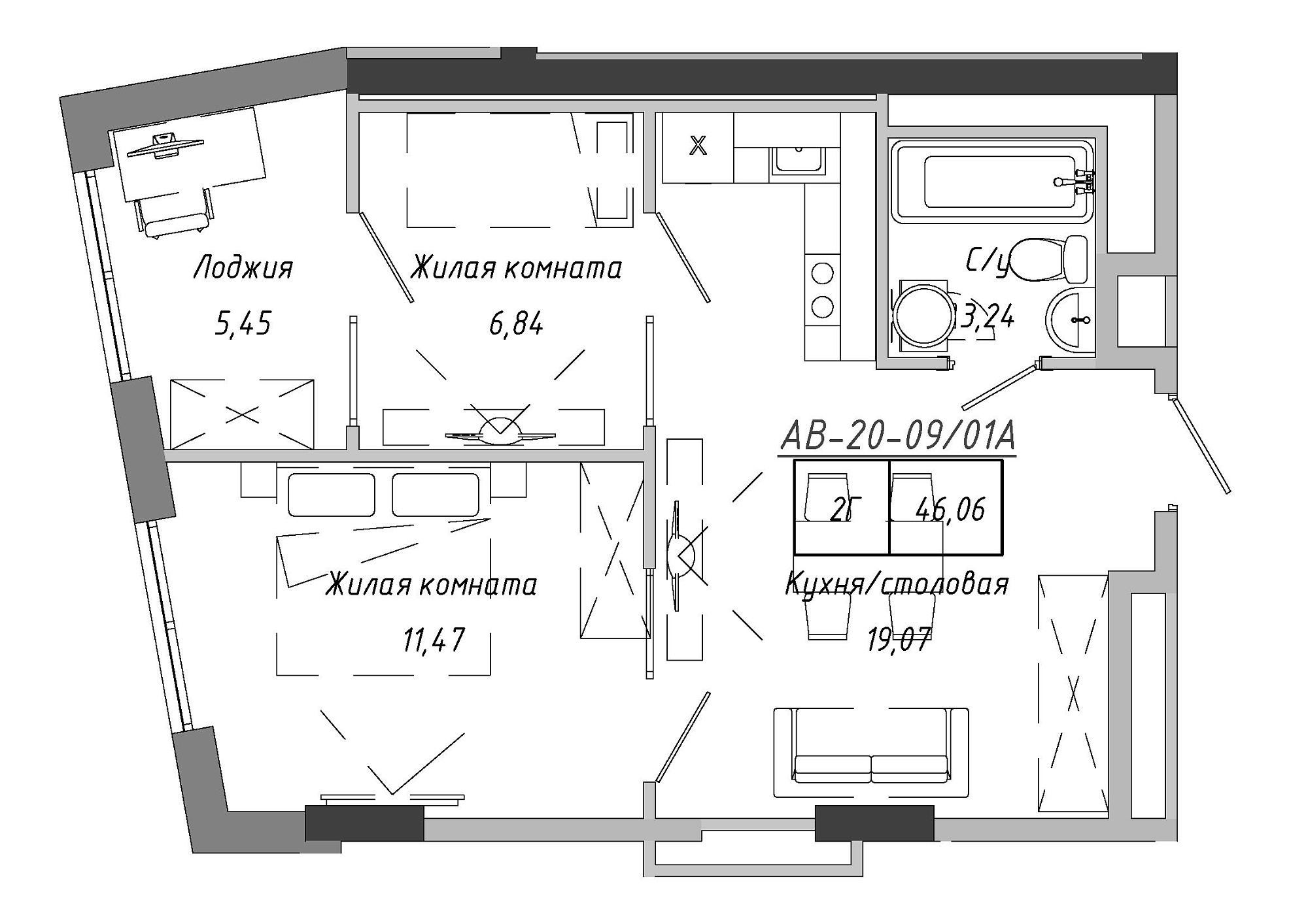 Планування 2-к квартира площею 45.99м2, AB-20-09/0001а.