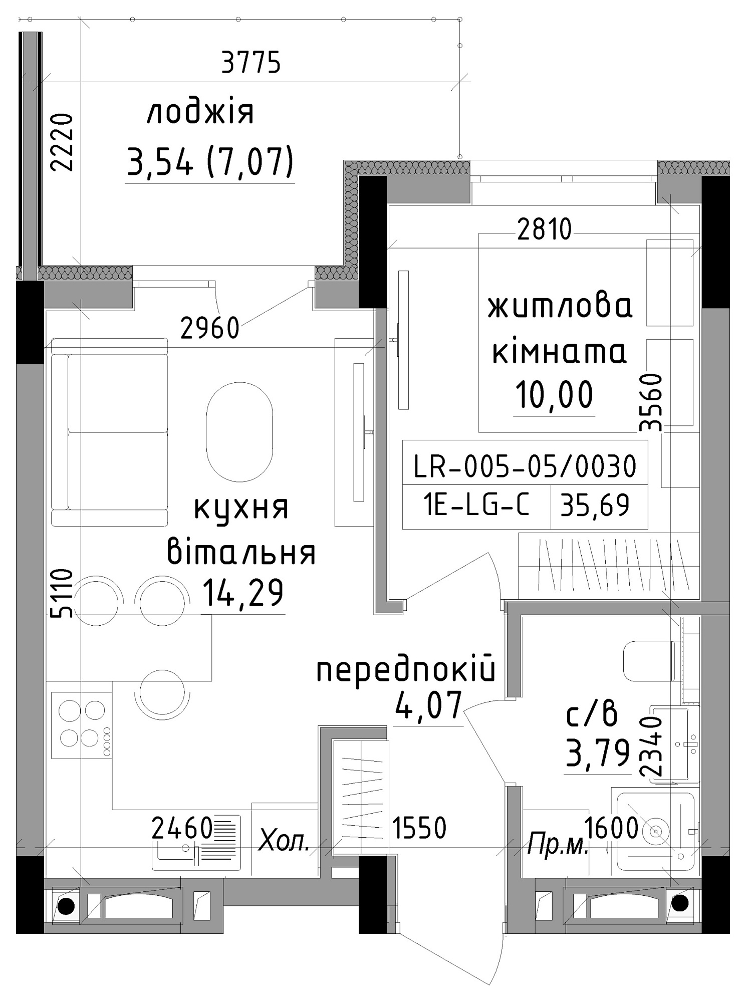 Планировка 1-к квартира площей 35.69м2, LR-005-05/0030.