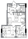 Планировка 2-к квартира площей 37.39м2, AB-06-02/00013.