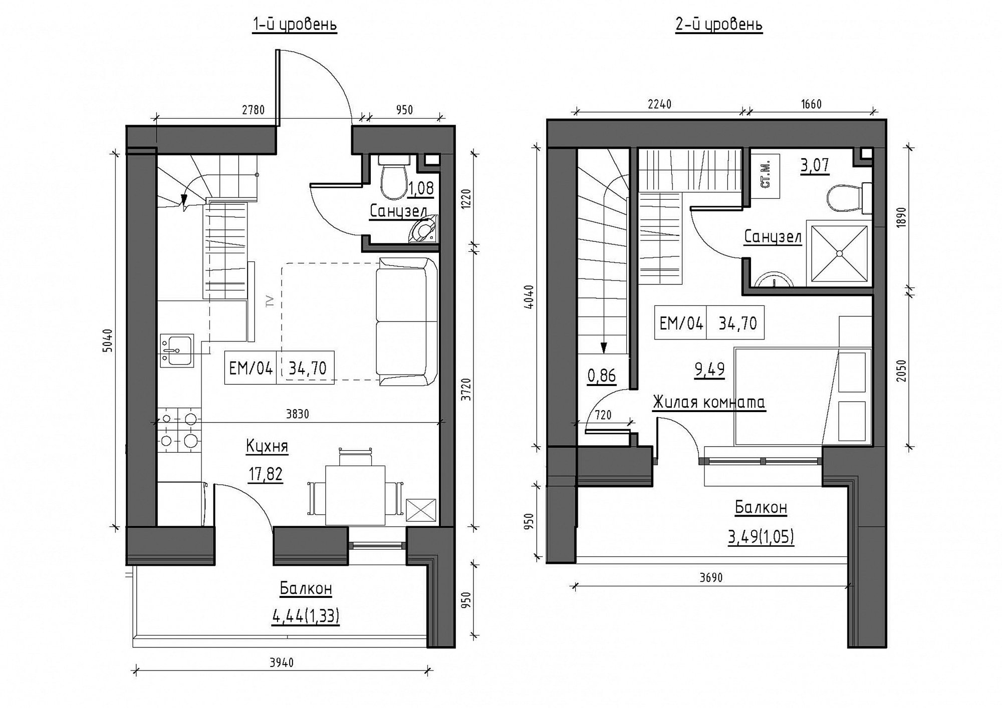 Planning 2-lvl flats area 34.7m2, KS-011-05/0014.