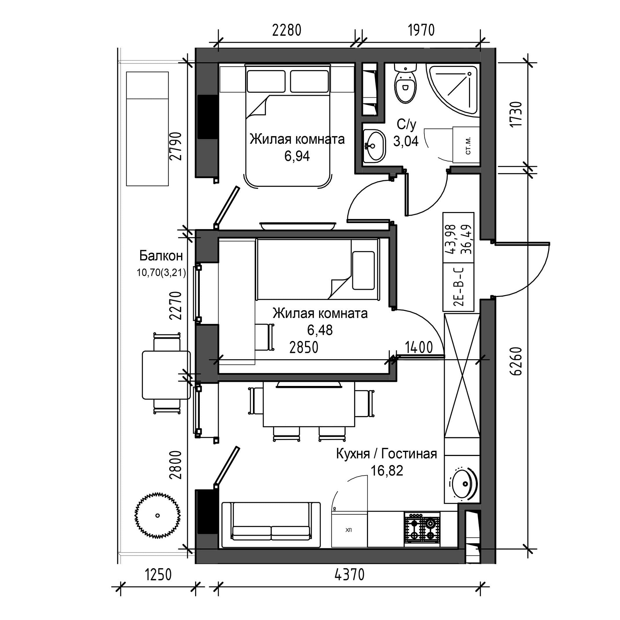 Планировка 2-к квартира площей 36.49м2, UM-001-08/0017.