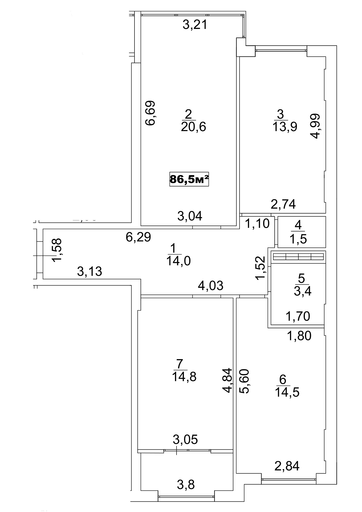 Планировка 3-к квартира площей 86.5м2, AB-13-08/00067.