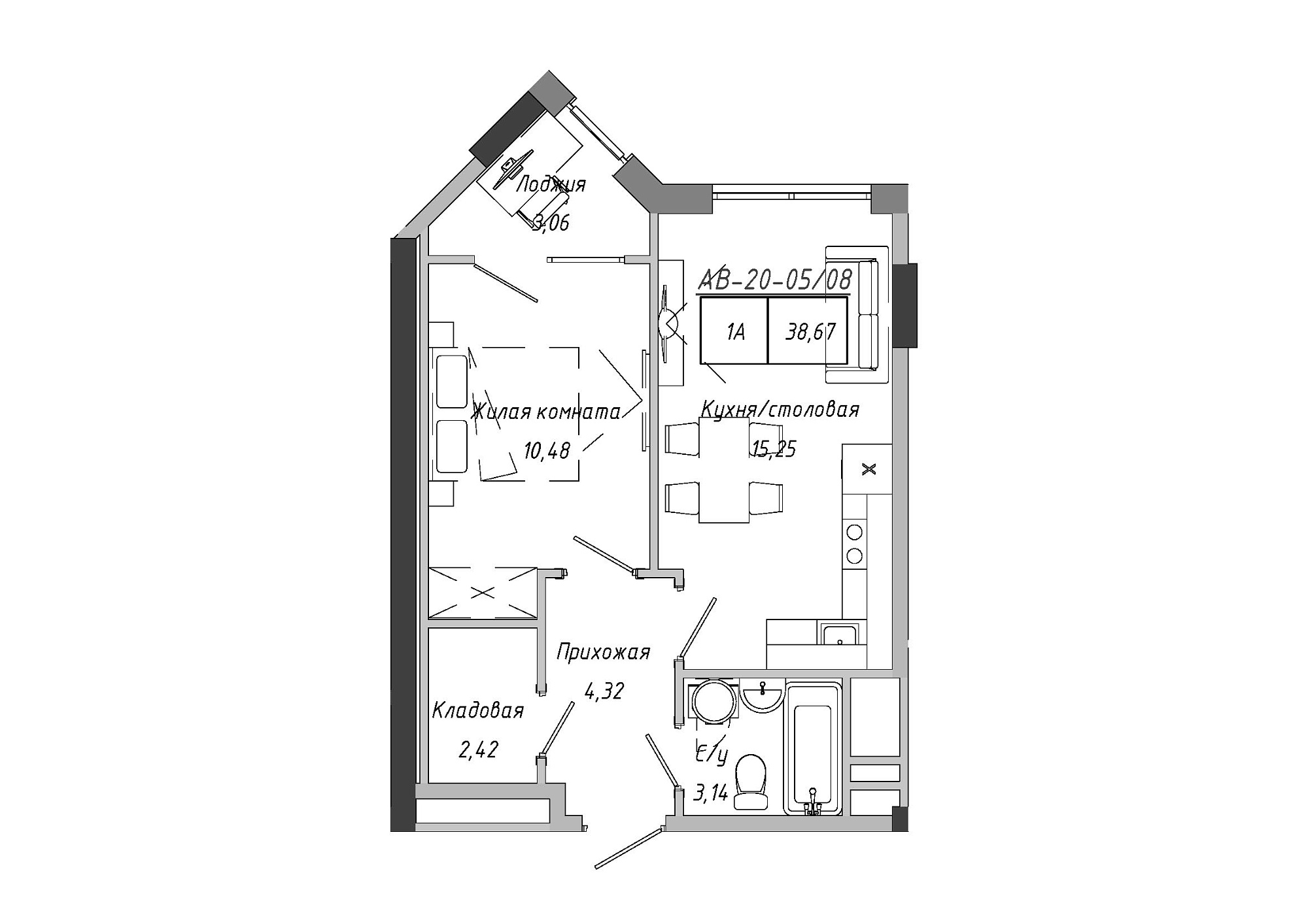 Планировка 1-к квартира площей 38.85м2, AB-20-05/00008.