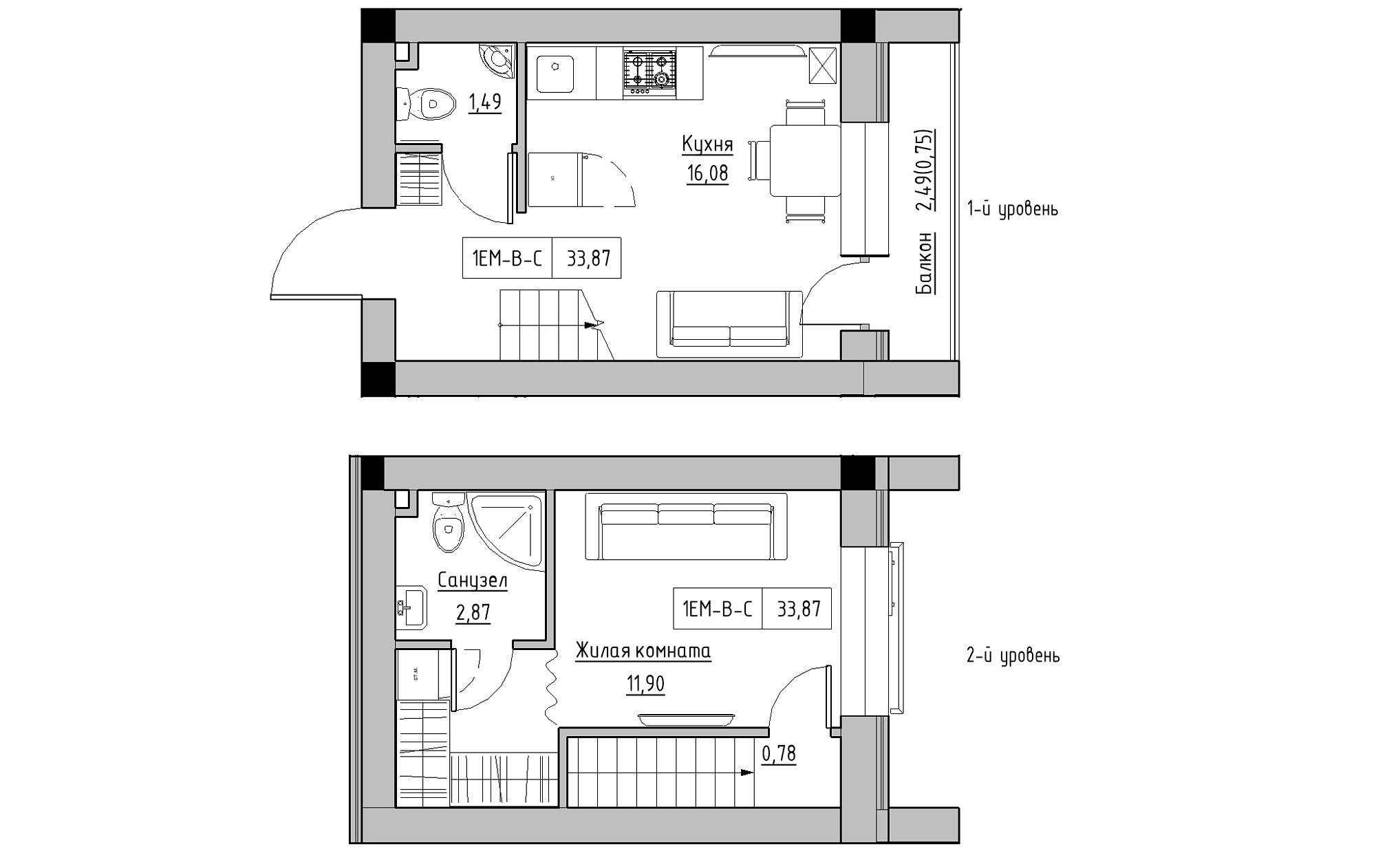 Planning 2-lvl flats area 33.87m2, KS-022-05/0012.