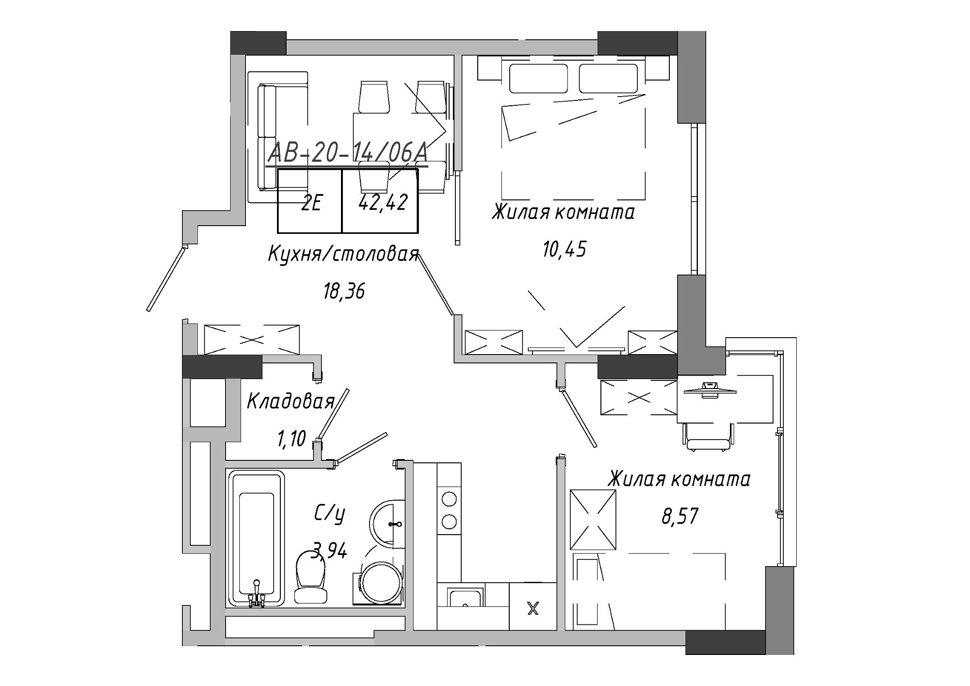 Planning 2-rm flats area 42.42m2, AB-20-14/0106a.