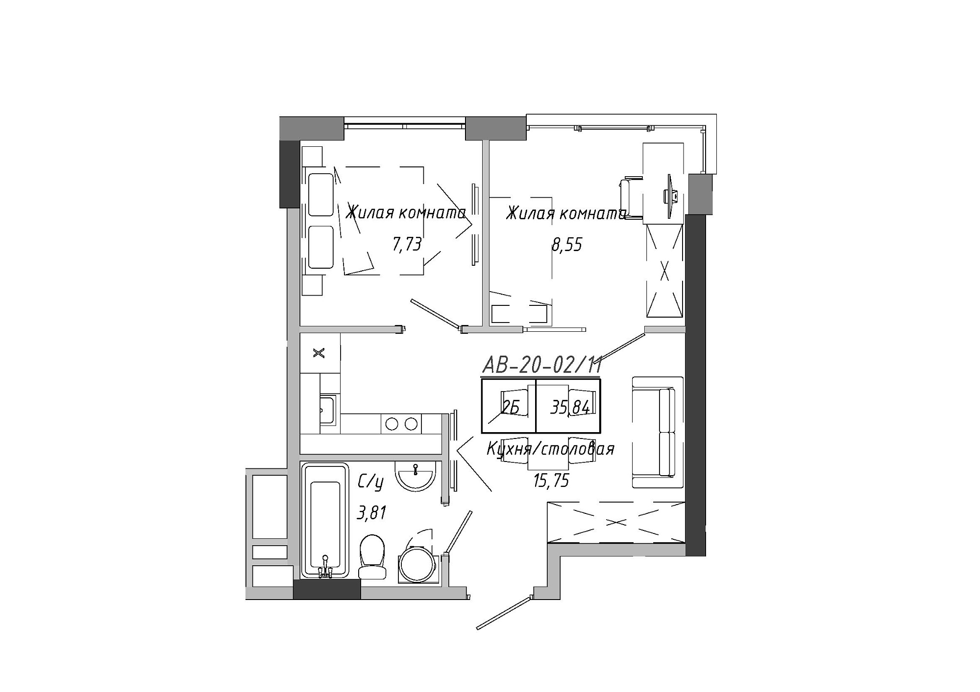 Планування 2-к квартира площею 36.12м2, AB-20-02/00011.