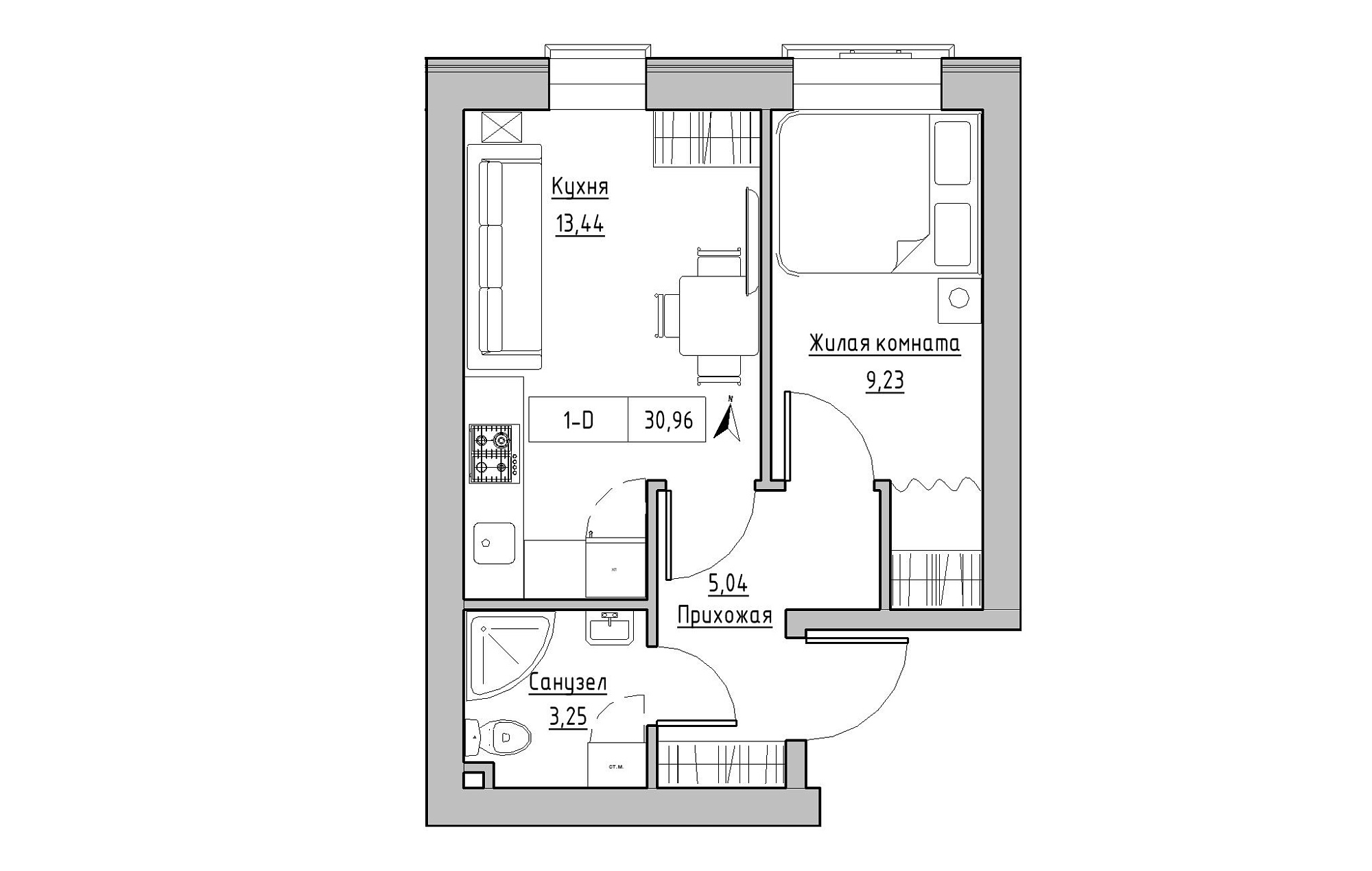 Планування 1-к квартира площею 30.96м2, KS-019-01/0013.