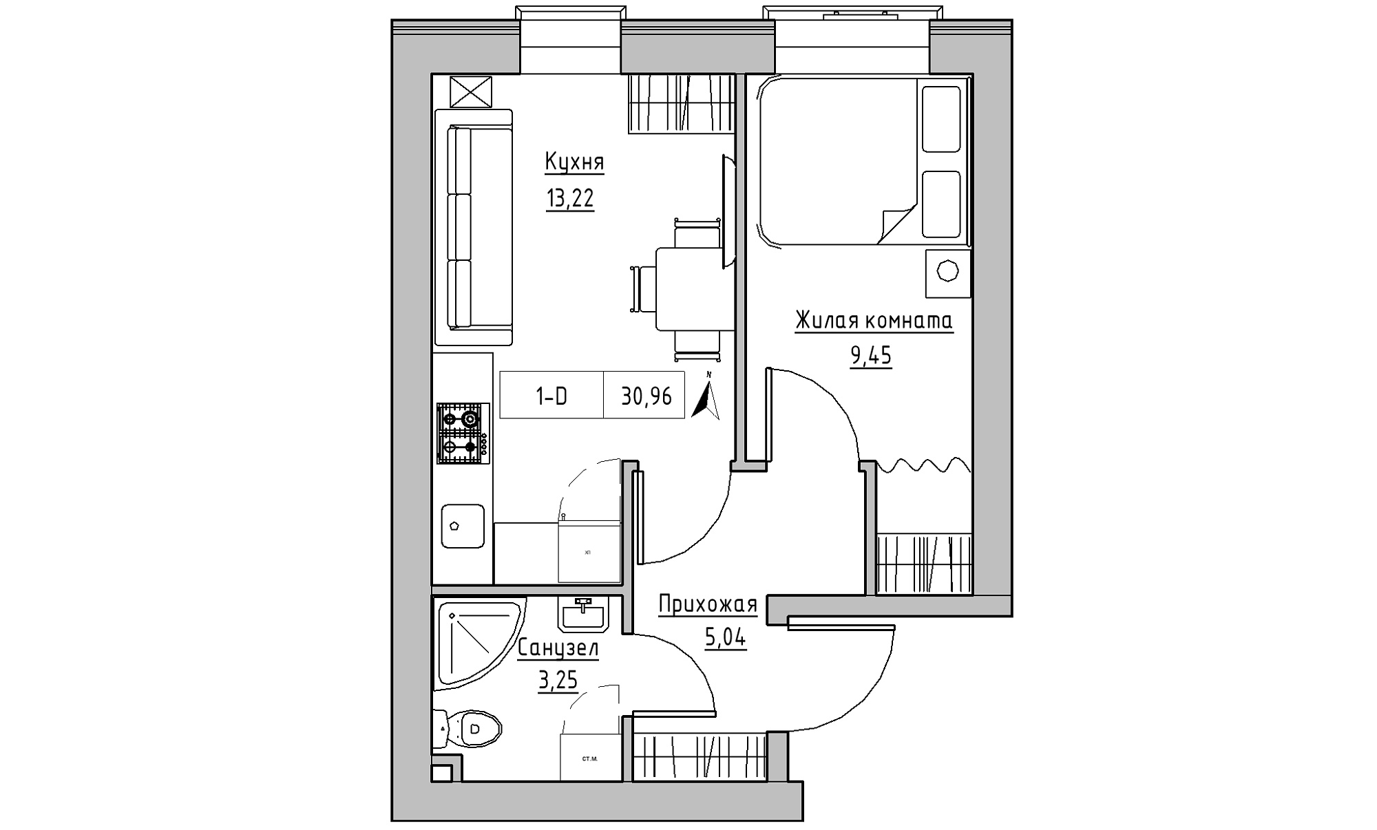 Планування 1-к квартира площею 30.96м2, KS-023-01/0015.