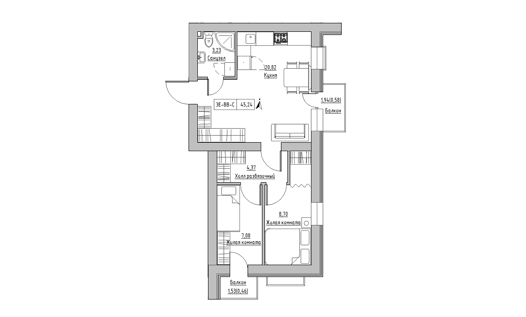 Planning 3-rm flats area 45.24m2, KS-023-05/0008.