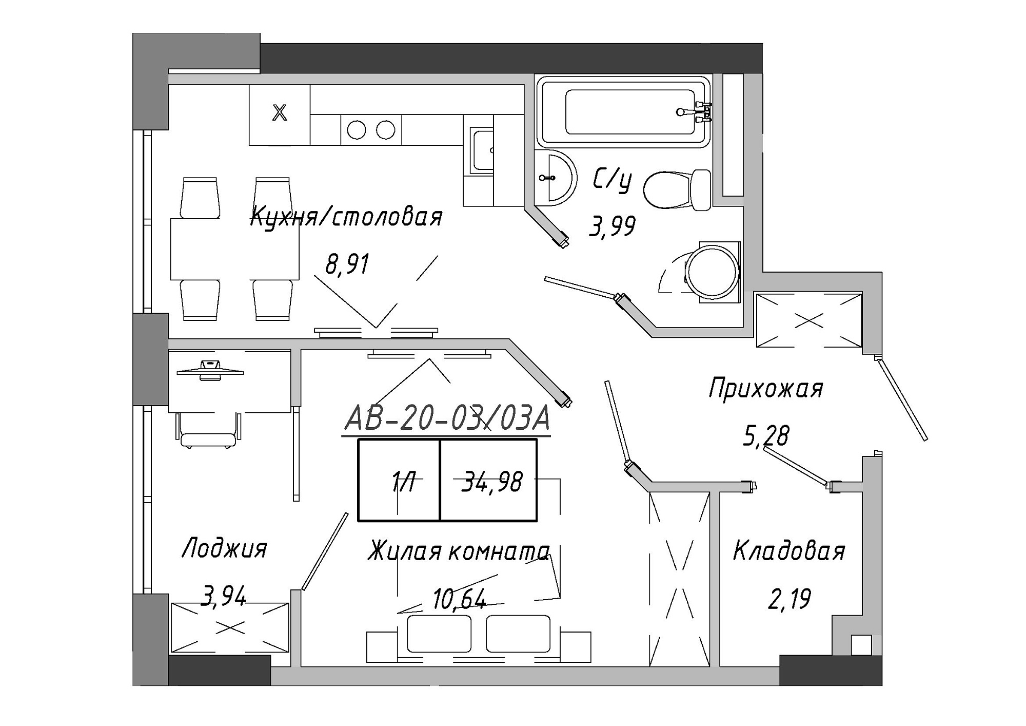 Планування 1-к квартира площею 34.98м2, AB-20-03/0003а.