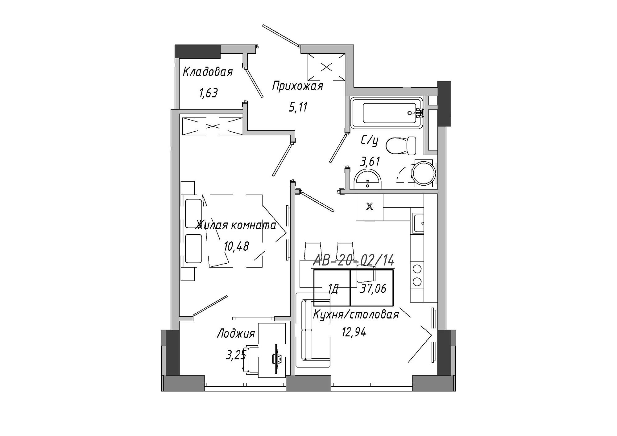 Планировка 1-к квартира площей 36.96м2, AB-20-02/00014.