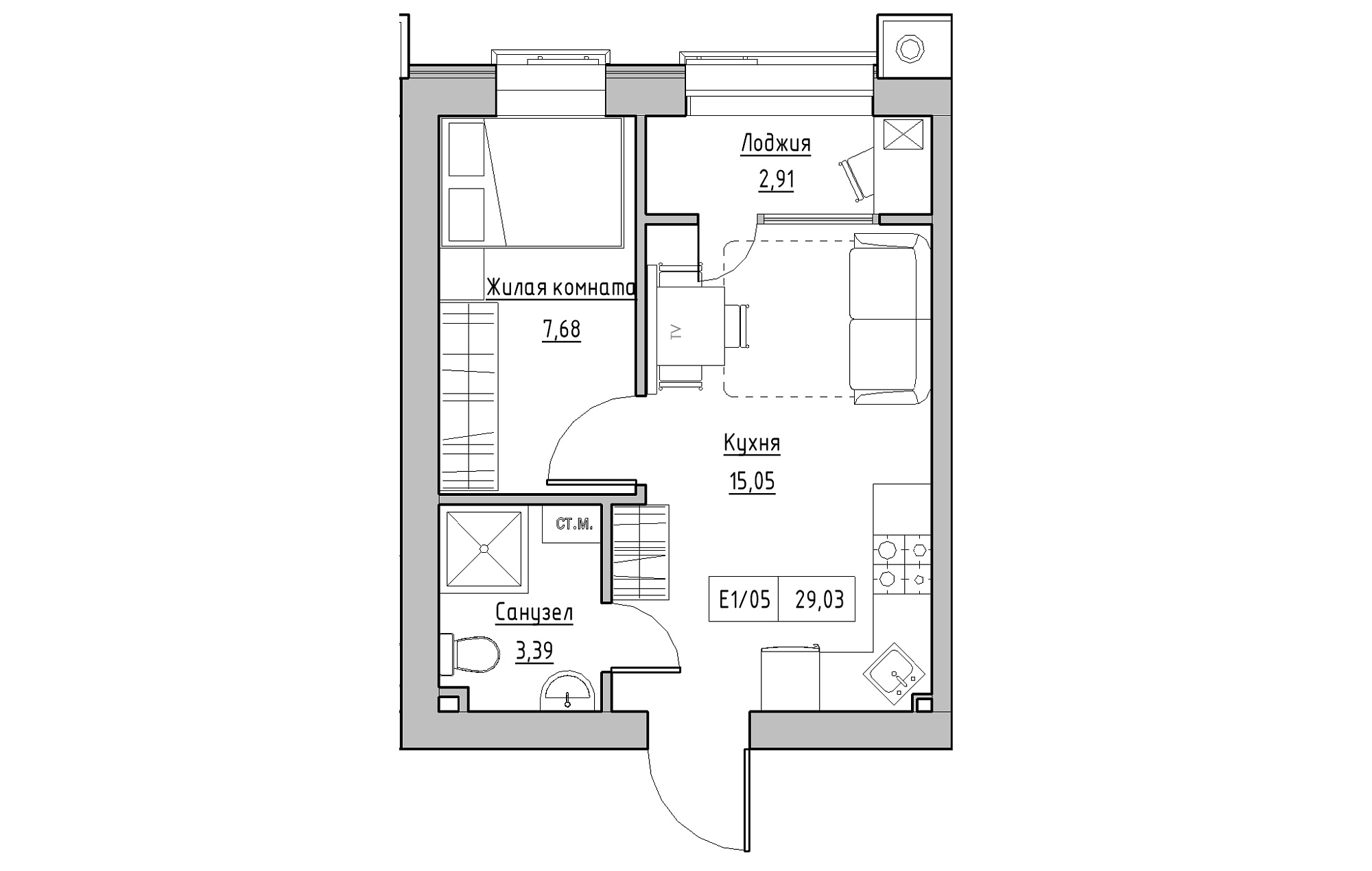 Планировка 1-к квартира площей 29.03м2, KS-013-02/0007.