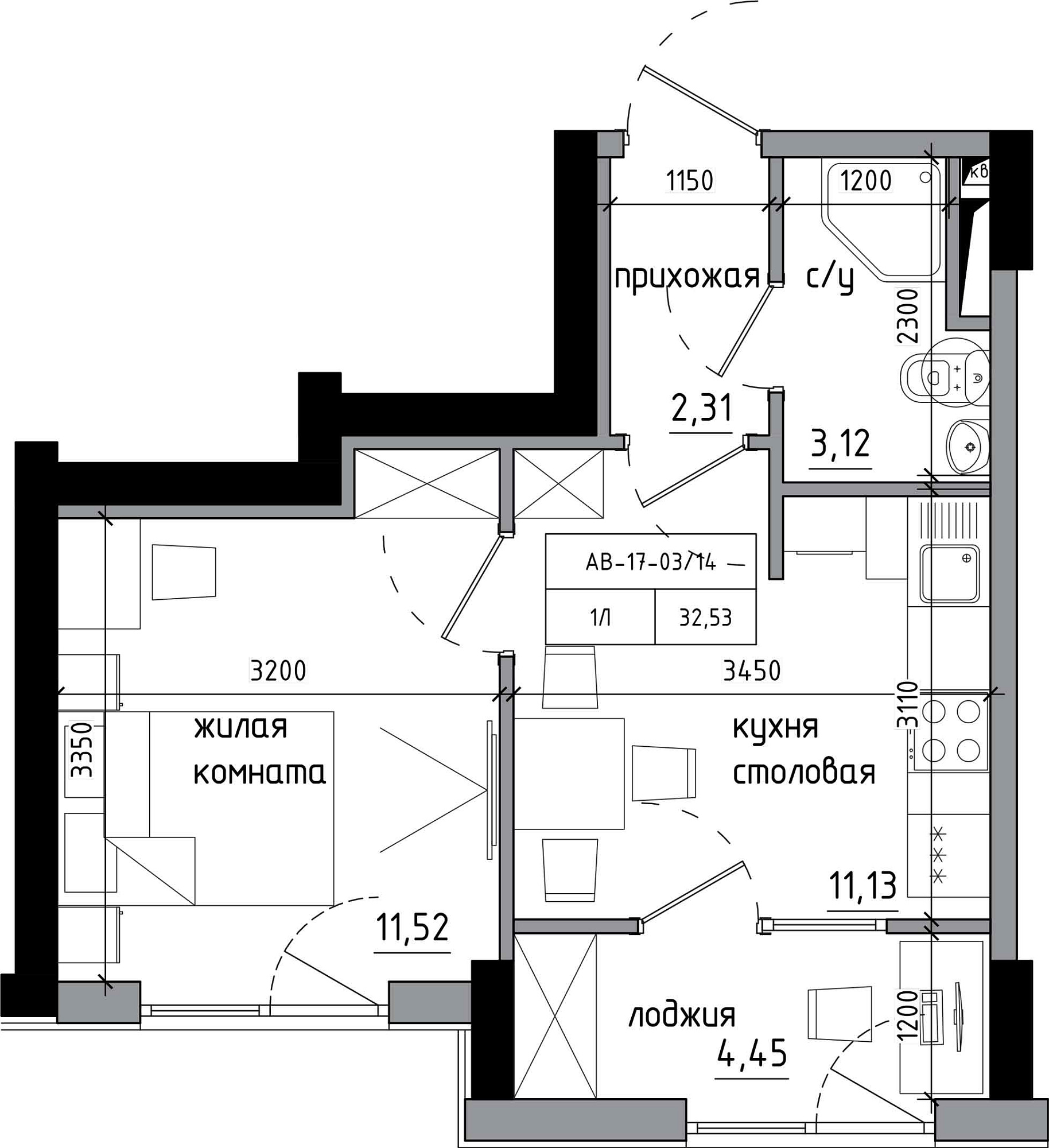 Планировка 1-к квартира площей 32.53м2, AB-17-03/00014.