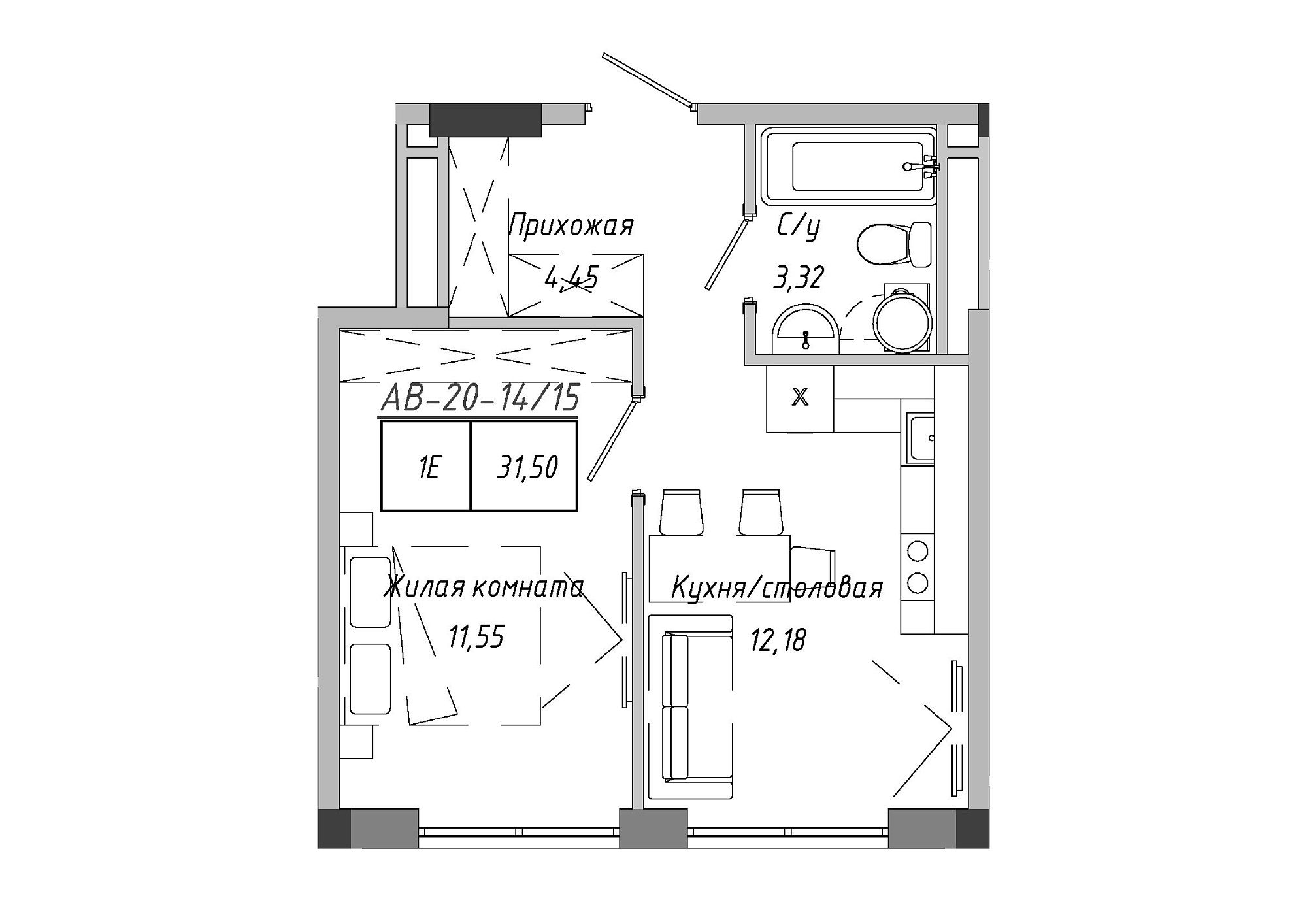 Планування 1-к квартира площею 31.5м2, AB-20-14/00115.