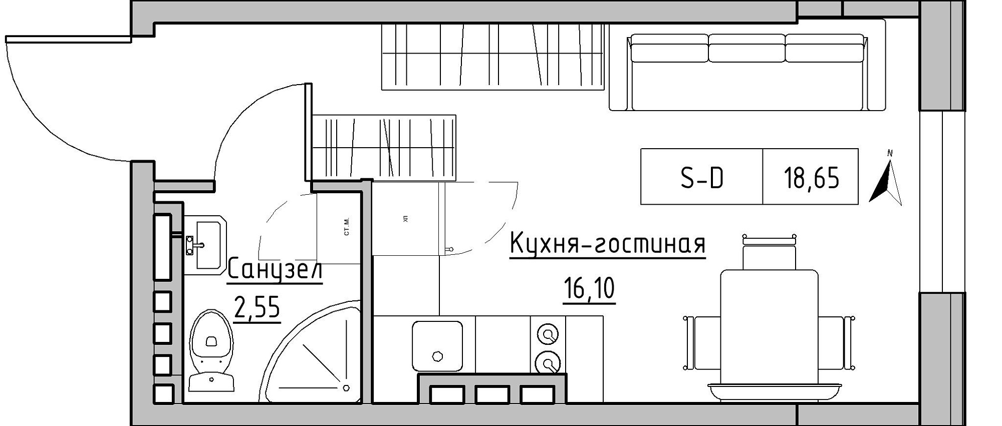 Планування Smart-квартира площею 18.65м2, KS-024-05/0017.