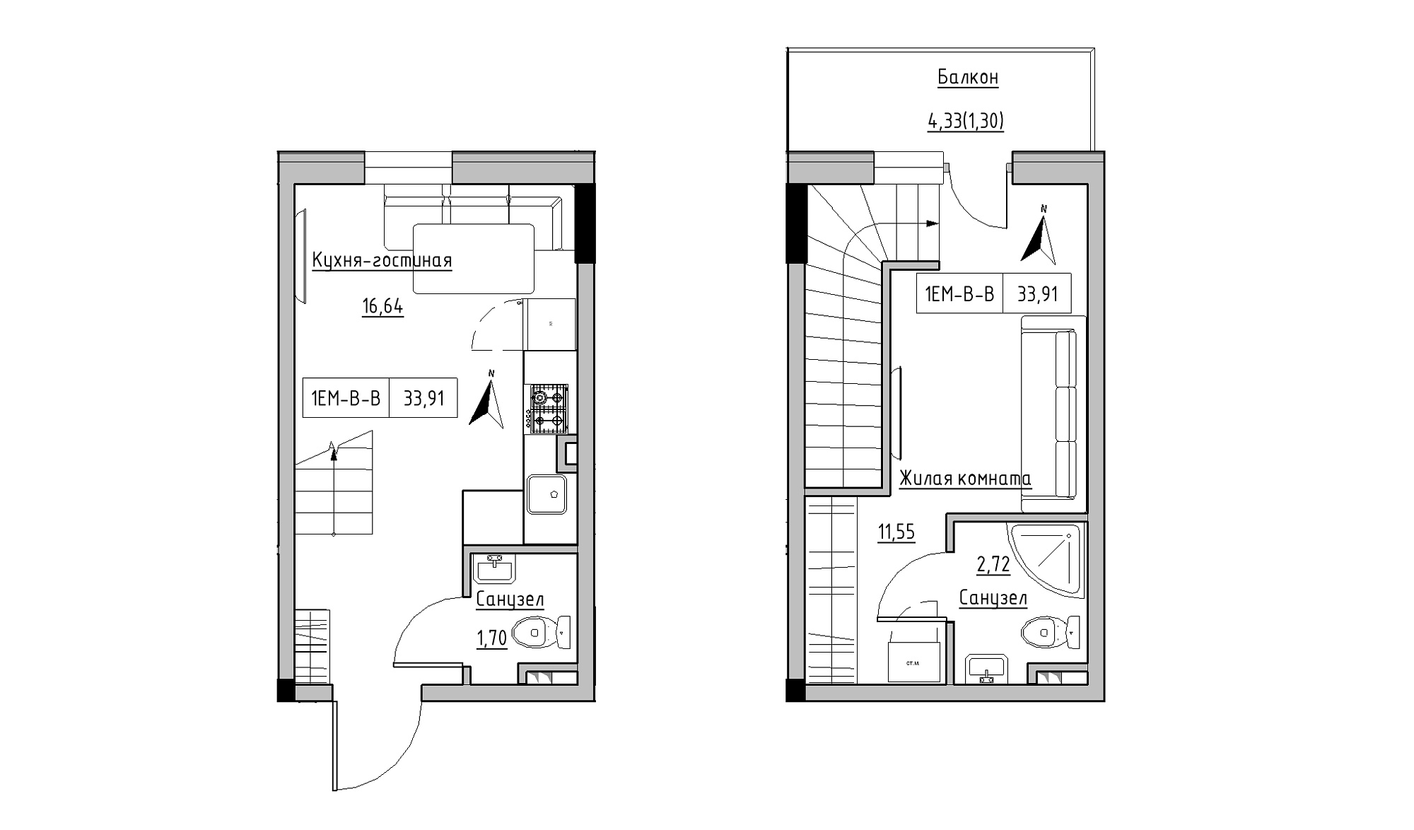 Planning 2-lvl flats area 33.91m2, KS-025-05/0006.