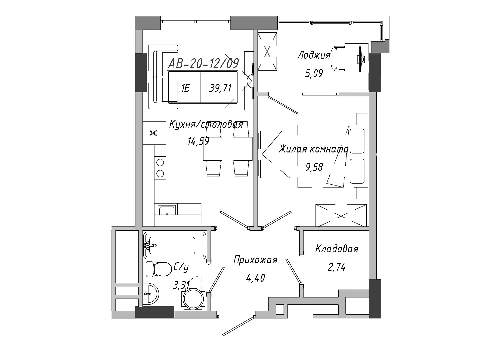 Планування 1-к квартира площею 37.59м2, AB-20-12/00009.