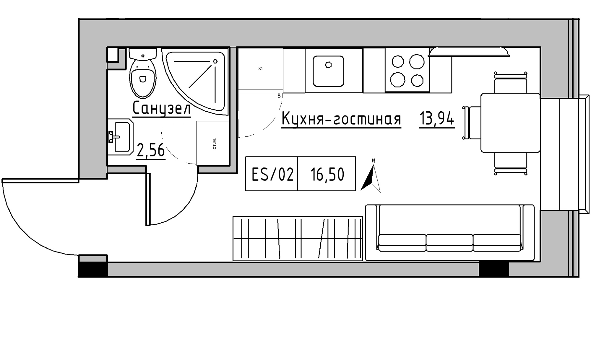 Планировка Smart-квартира площей 16.5м2, KS-015-02/0005.
