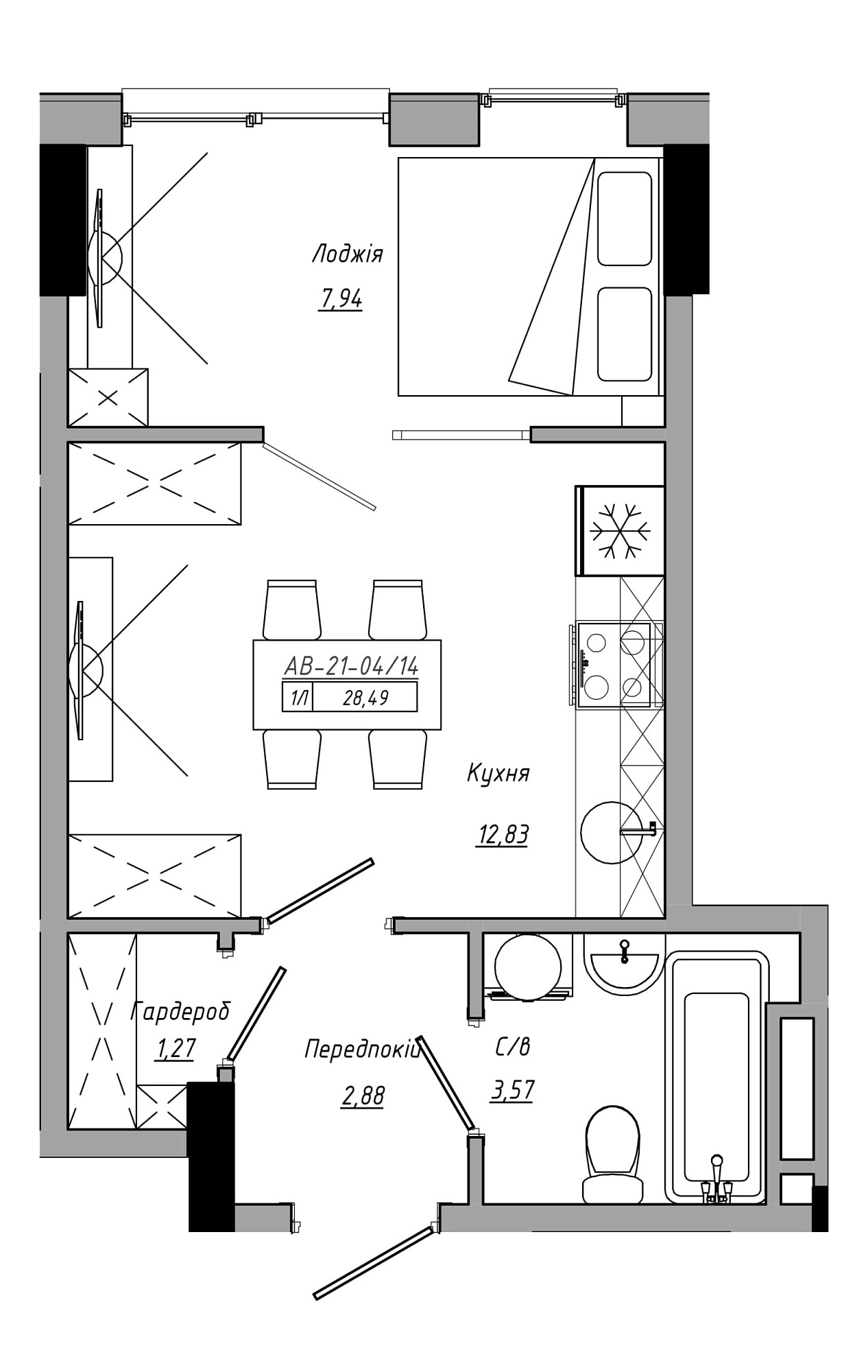 Планування 1-к квартира площею 28.49м2, AB-21-04/00014.