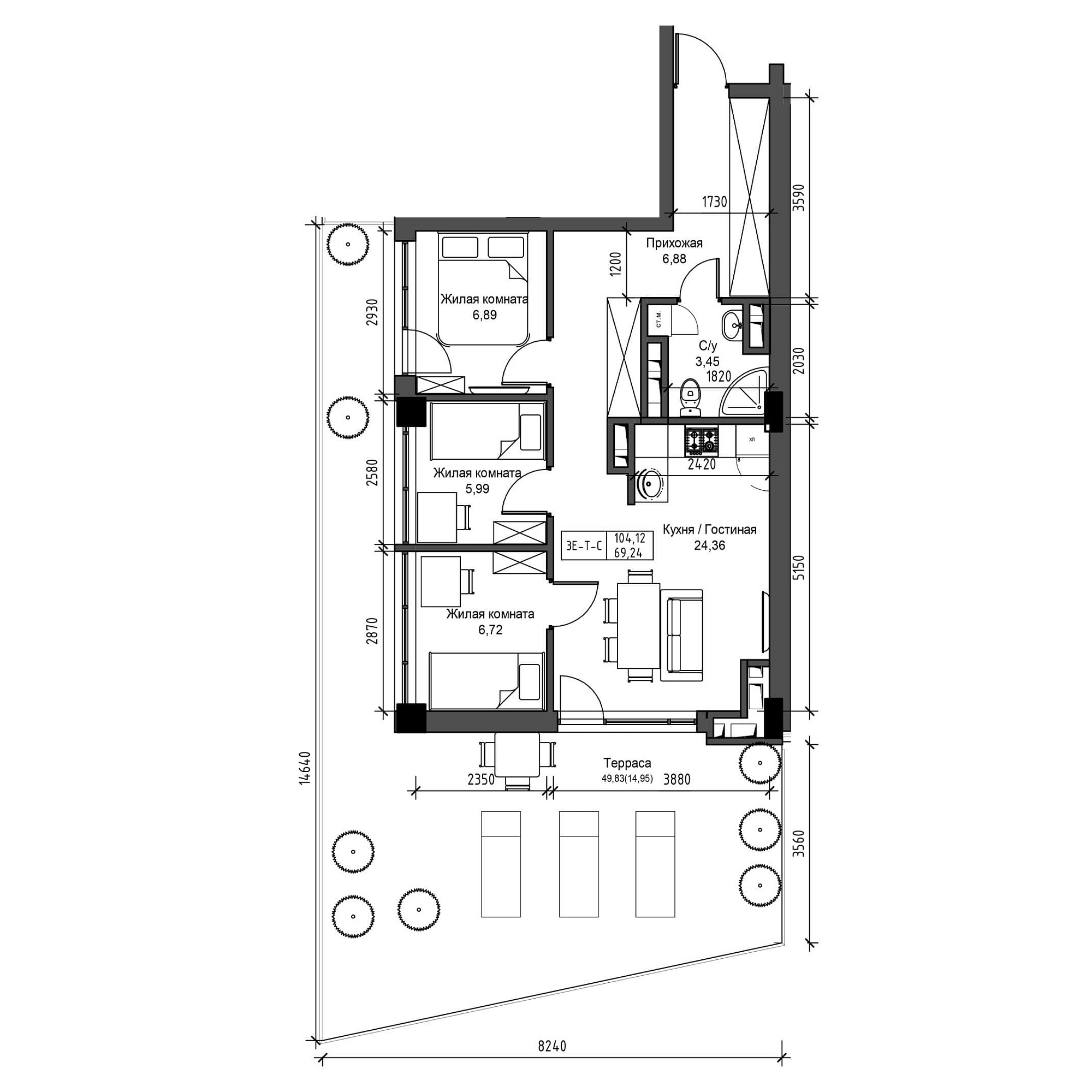 Планування 3-к квартира площею 69.24м2, UM-001-09/0010.