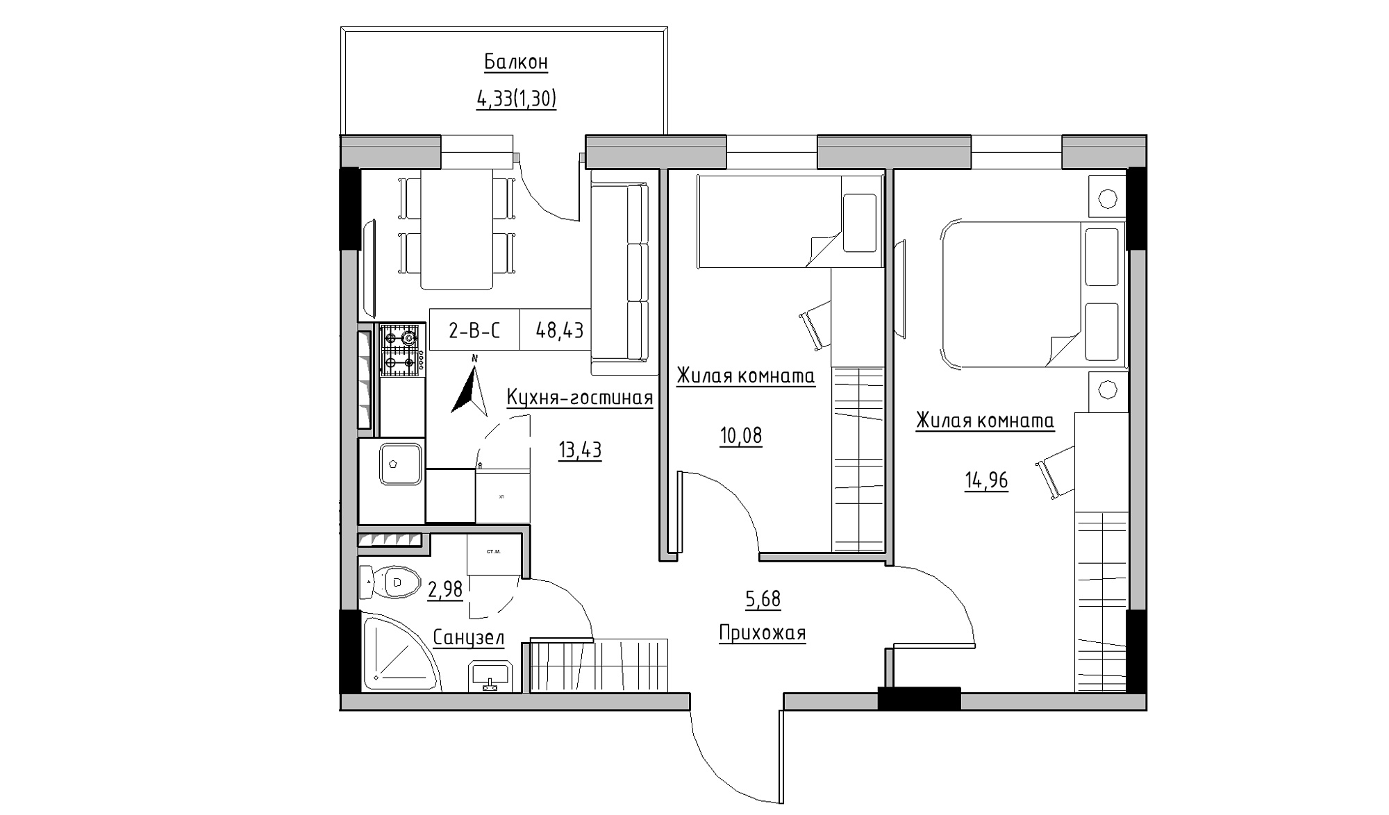 Planning 2-rm flats area 48.43m2, KS-025-04/0009.