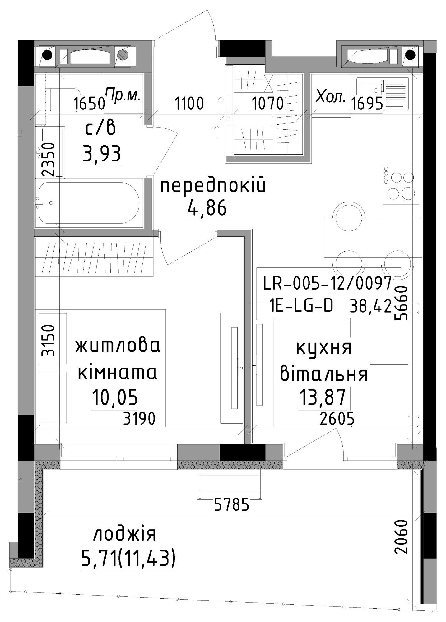 Planning 1-rm flats area 38.43m2, LR-005-12/0097.