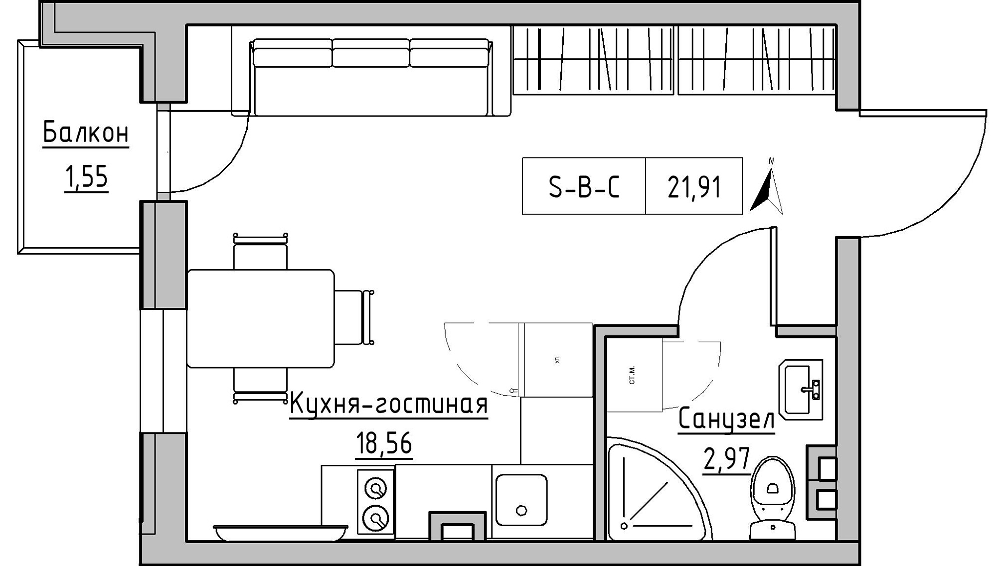 Планування Smart-квартира площею 21.91м2, KS-024-03/0012.