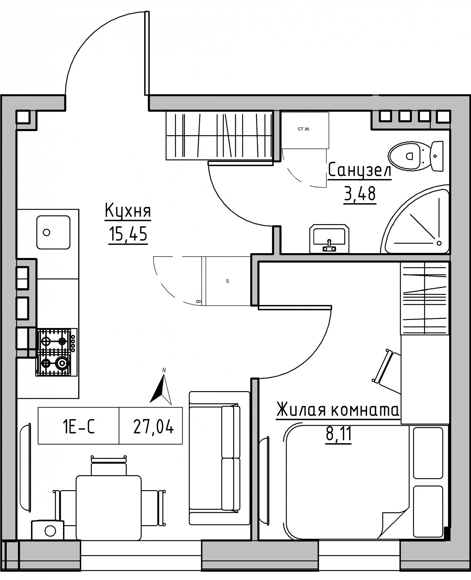 Планування 1-к квартира площею 27.04м2, KS-024-05/0004.