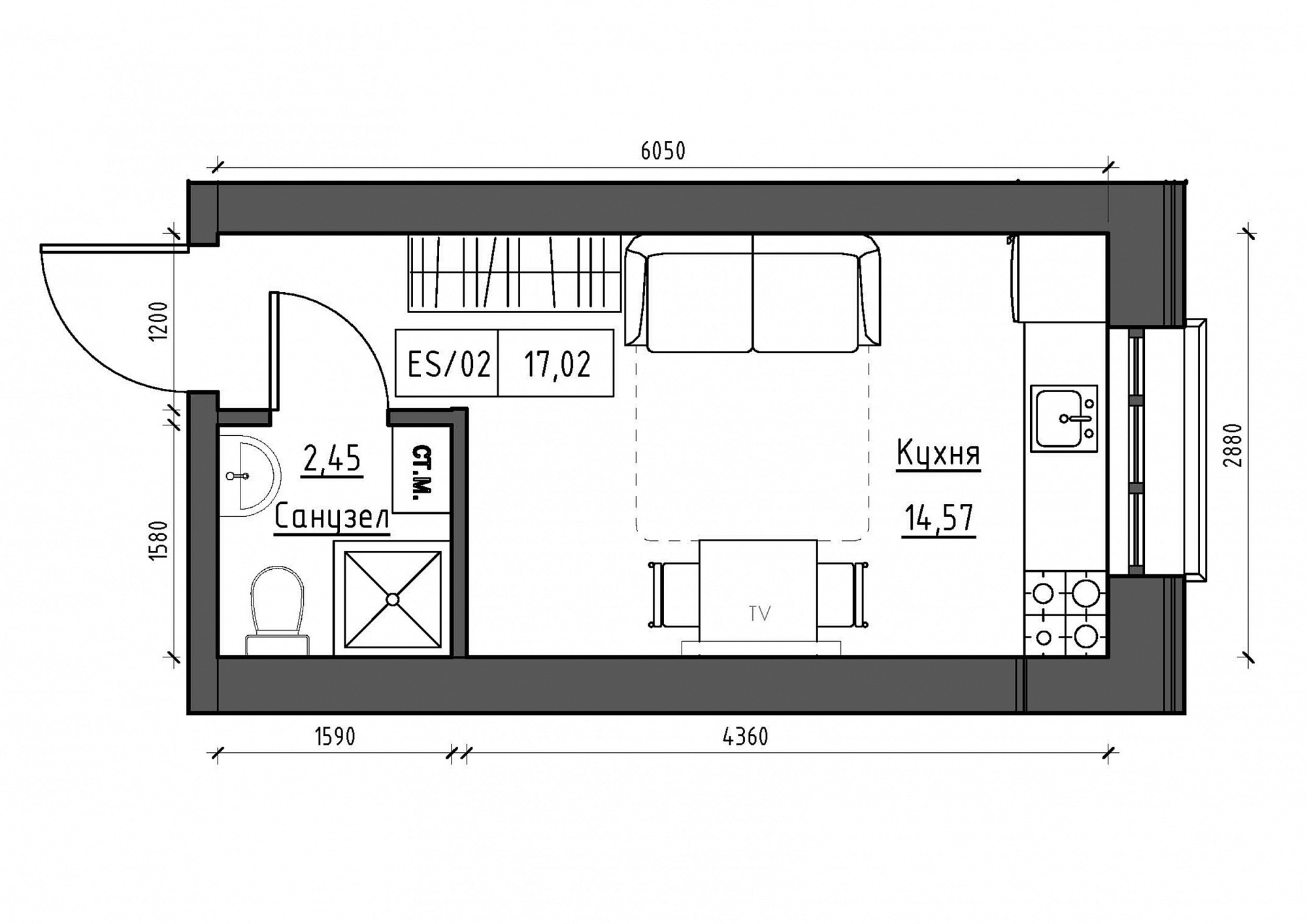 Планування Smart-квартира площею 17.02м2, KS-012-04/0014.
