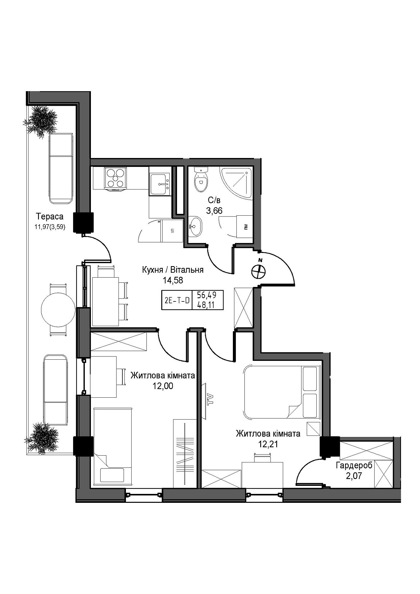 Планування 2-к квартира площею 48.11м2, UM-007-10/0011.